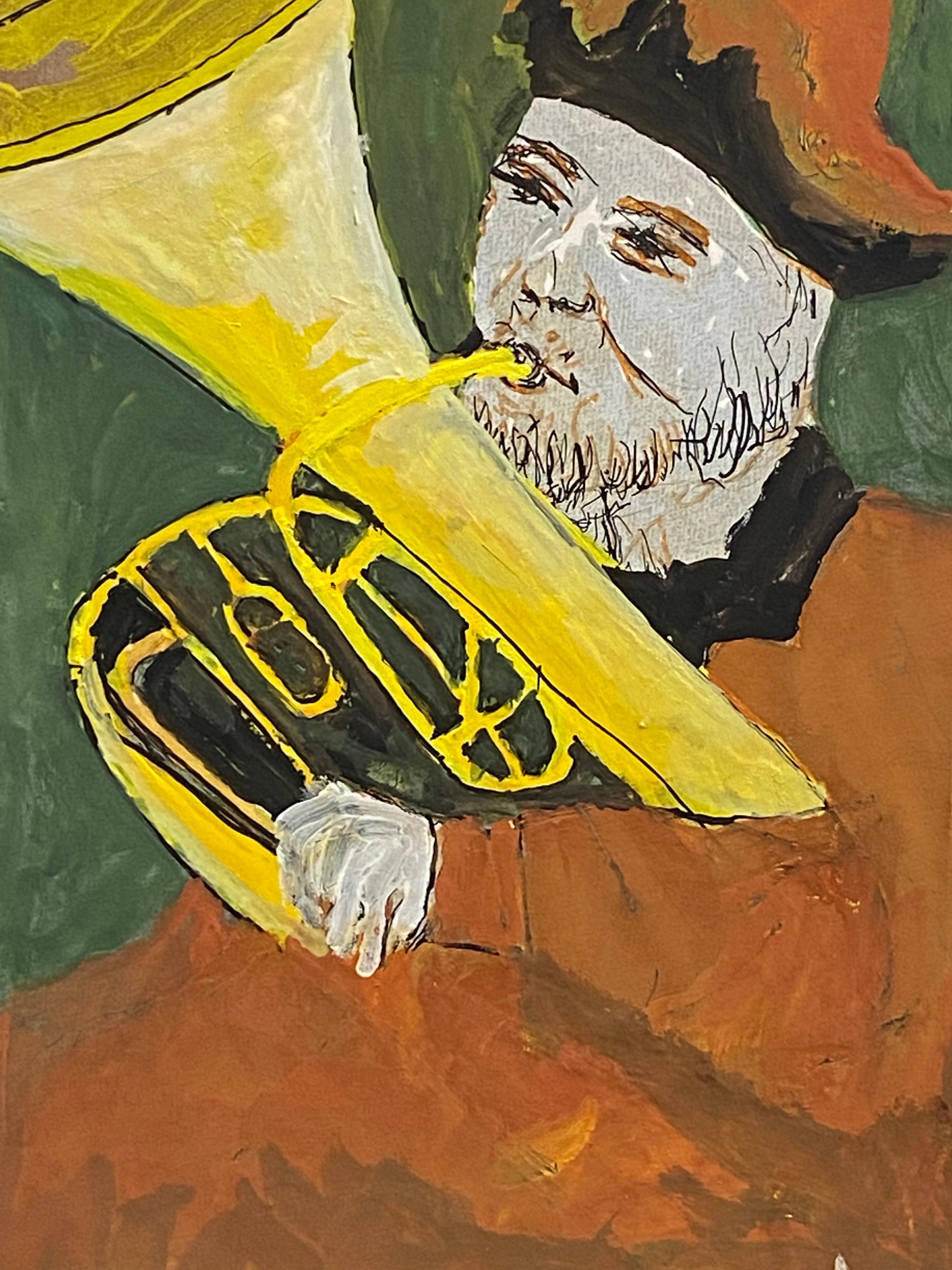 Peinture moderniste/ cubiste française des années 1950, homme jouant du toba Excellent état - En vente à Cirencester, GB