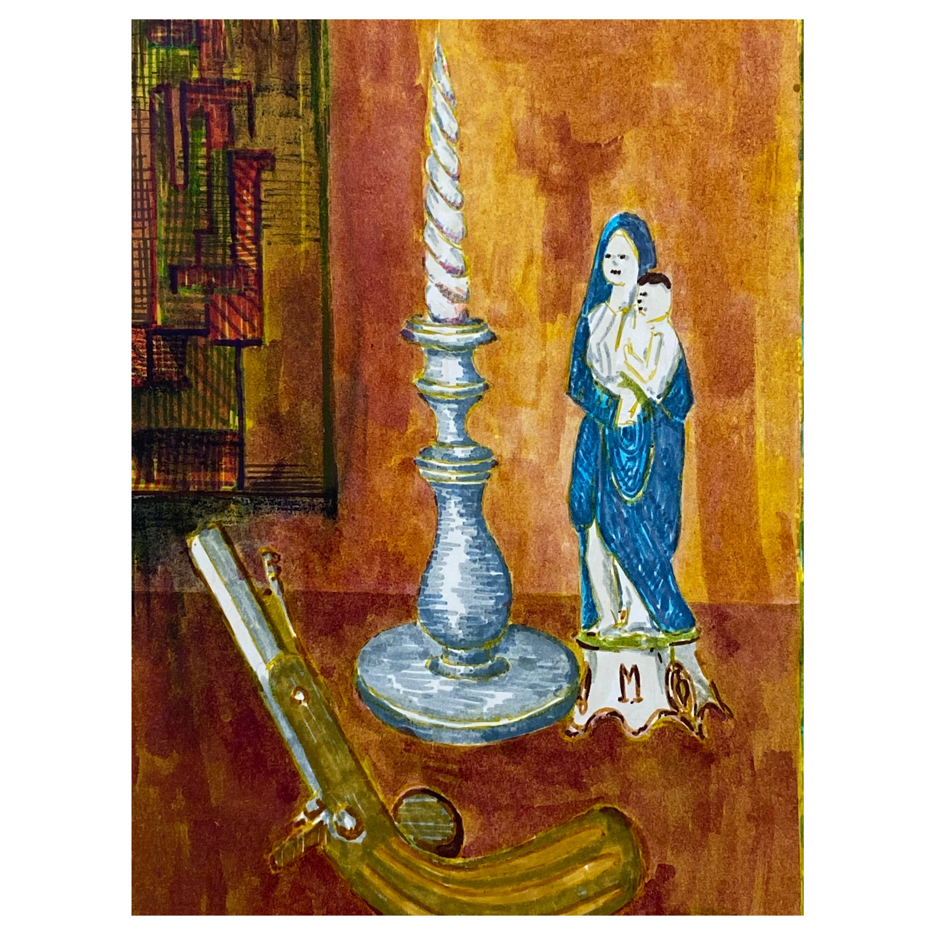 Französische Moderne/ Kubistische Malerei der 1950er Jahre - Mutter und Kind mit Objekten aus den 1950er Jahren