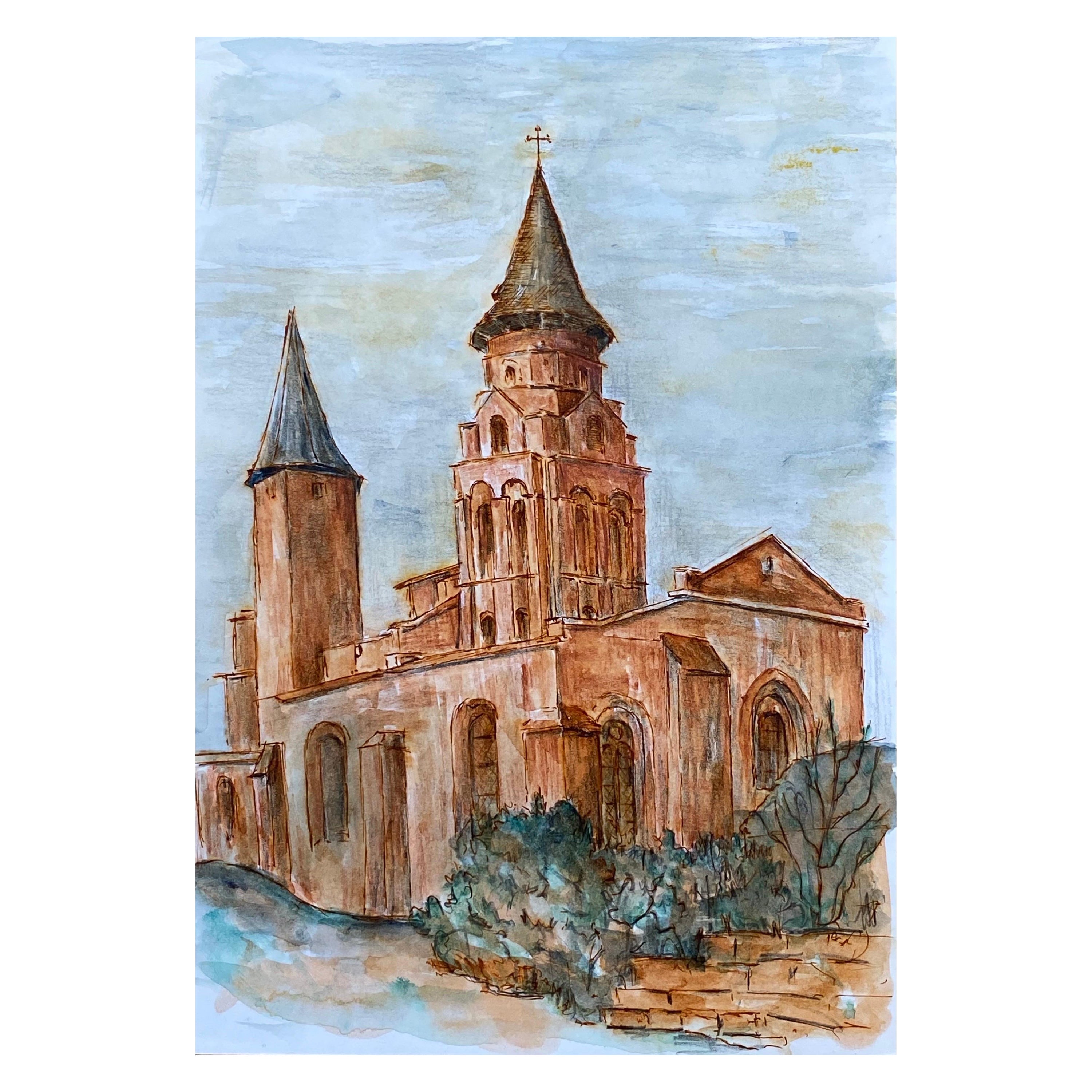 Peinture moderniste/ cubiste française des années 1950 - Église française orange en vente