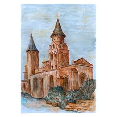1950's French Modernist/ Cubist Painting - Orange French Church