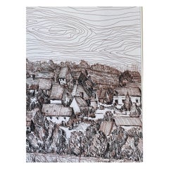 Französisches modernistisches/ kubistisches Gemälde der 1950er Jahre, signiert, Biro-Zeichnung einer französischen Stadt