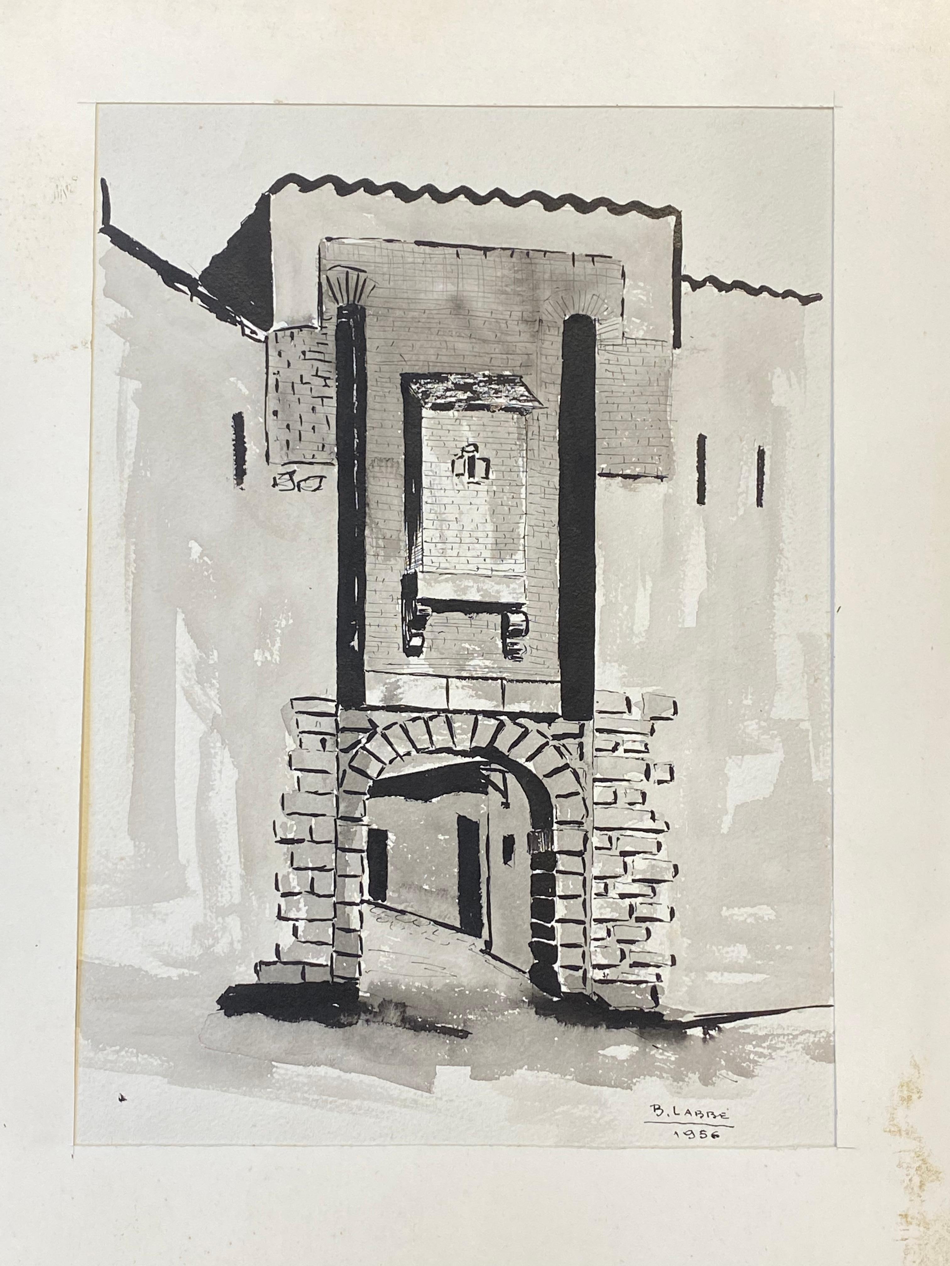 1950's French Modernist/ Cubist Painting Signed, Black & White French Archway For Sale 3
