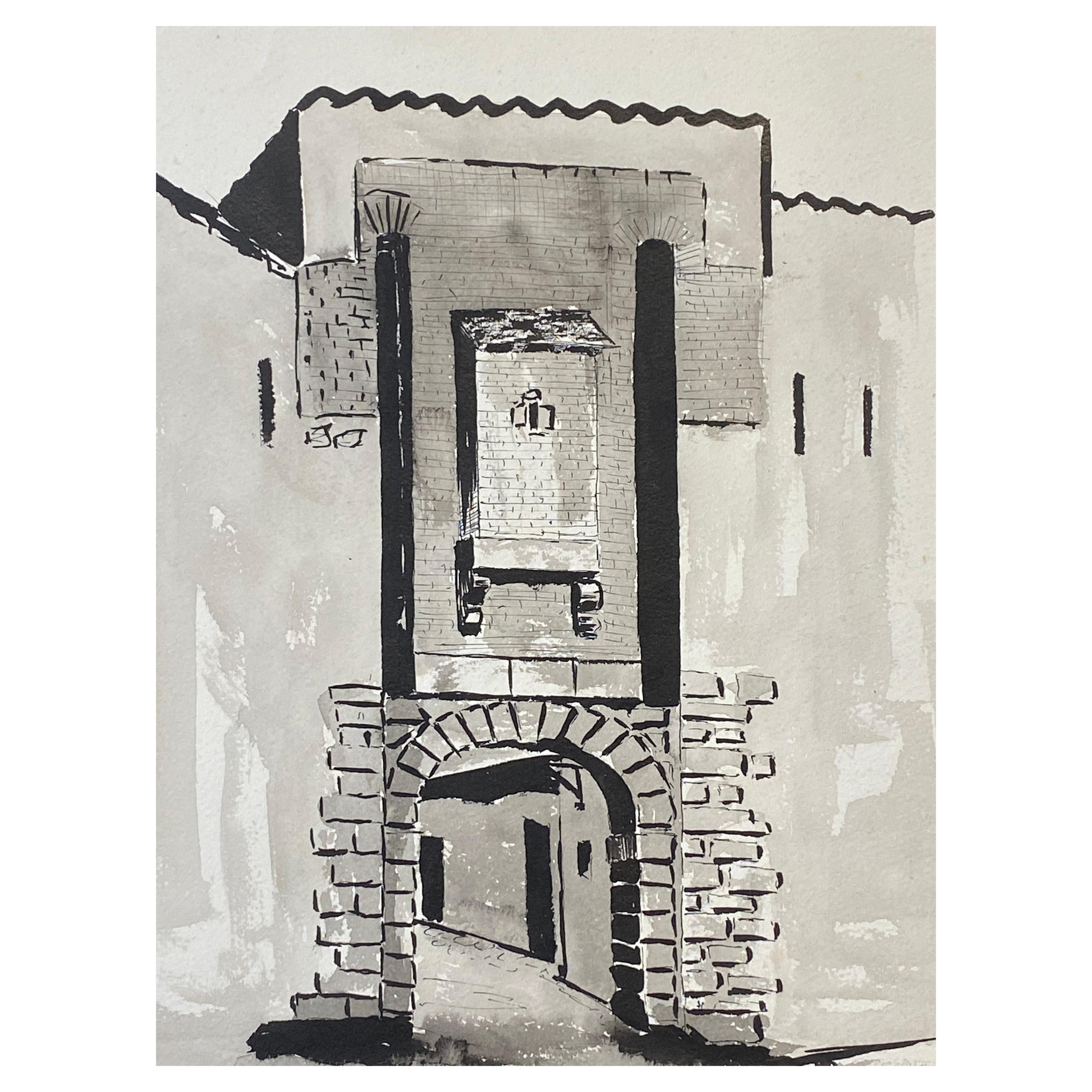 Französisches modernistisches/ kubistisches Gemälde, signiert, schwarz-weiß, französischer Bogen, 1950er Jahre im Angebot