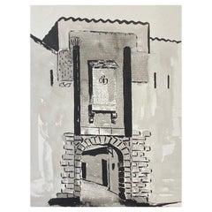Französisches modernistisches/ kubistisches Gemälde, signiert, schwarz-weiß, französischer Bogen, 1950er Jahre