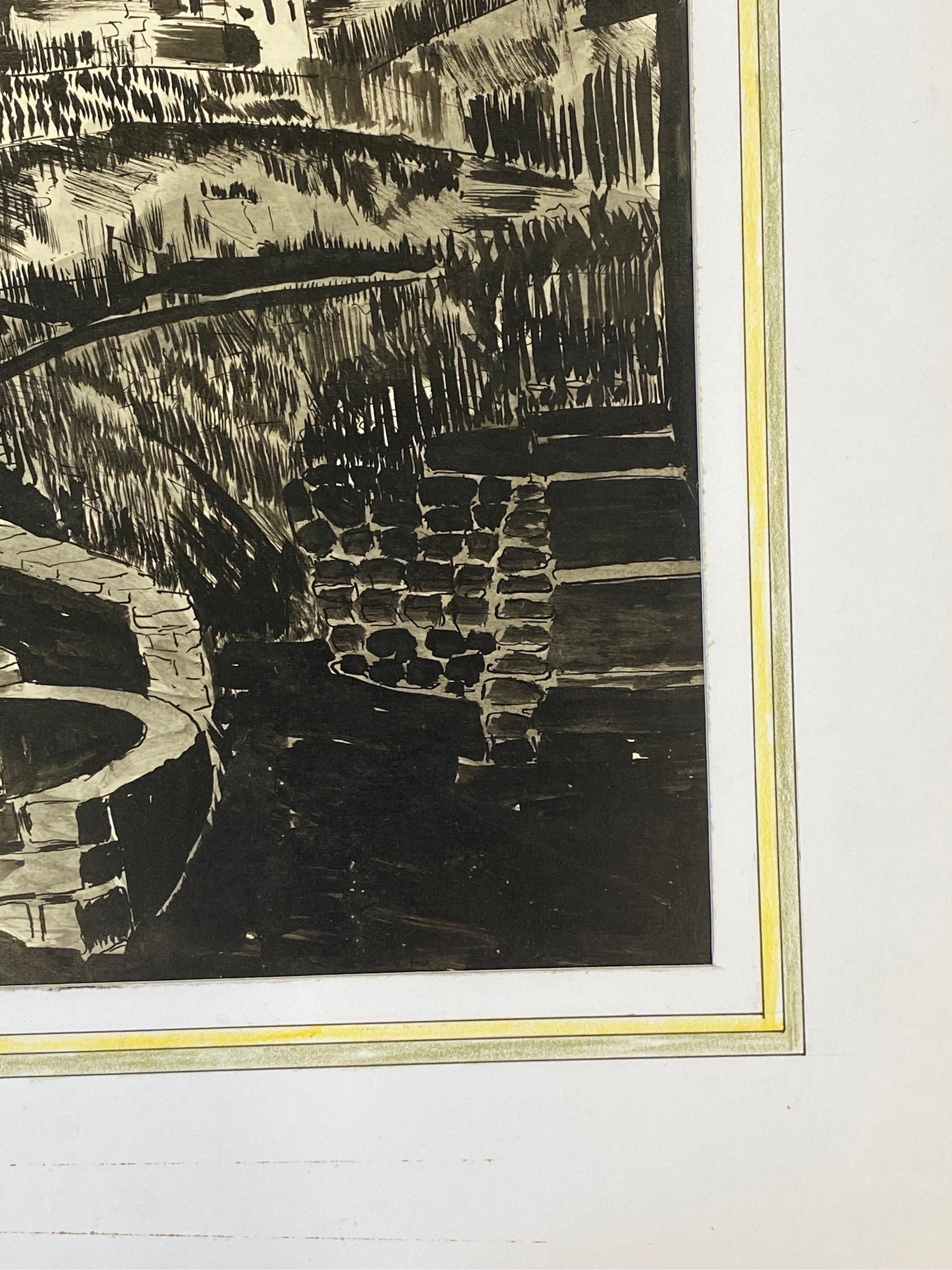 Peinture moderniste / cubiste française des années 1950 signée, paysage français en noir et blanc Excellent état - En vente à Cirencester, GB