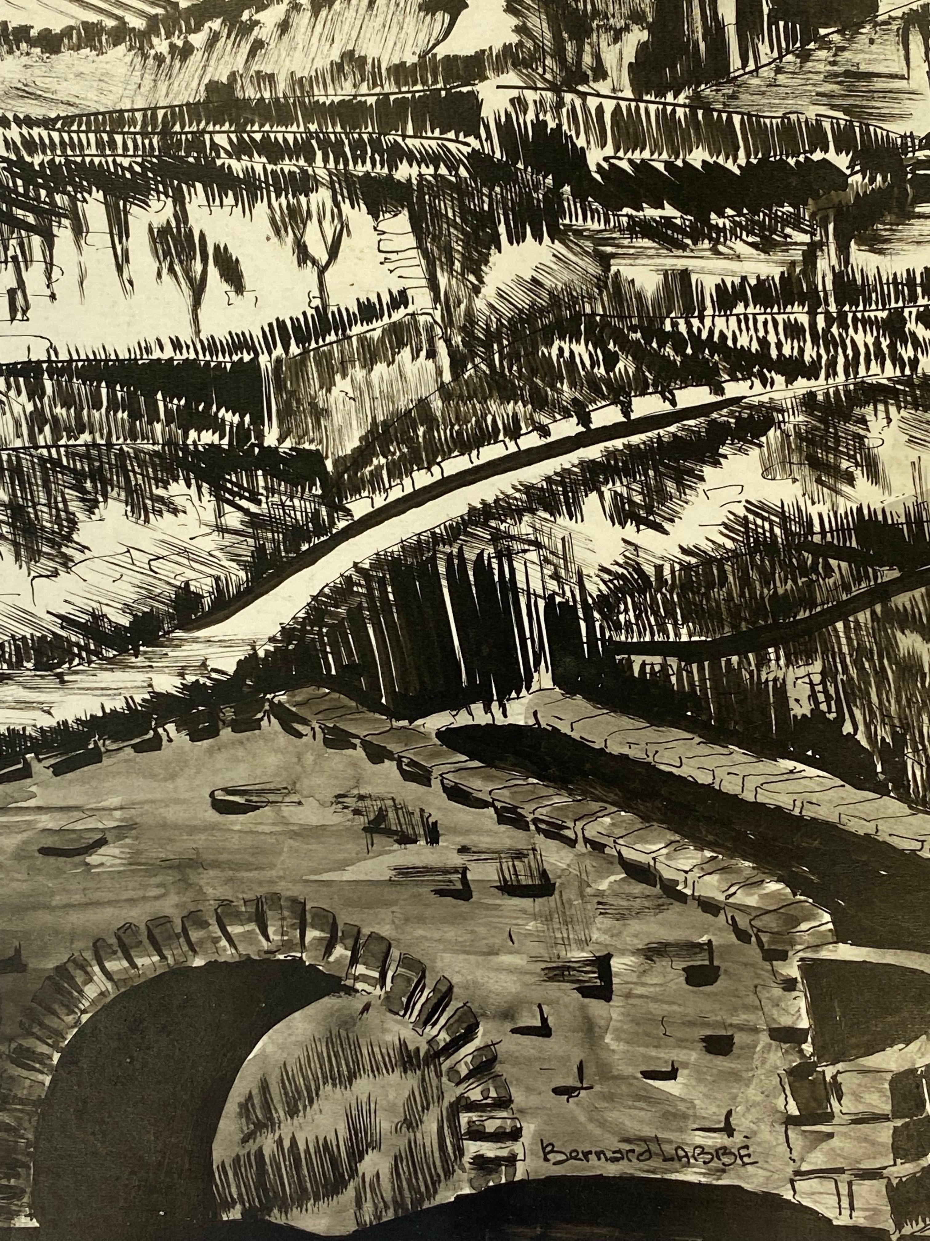 Milieu du XXe siècle Peinture moderniste / cubiste française des années 1950 signée, paysage français en noir et blanc en vente