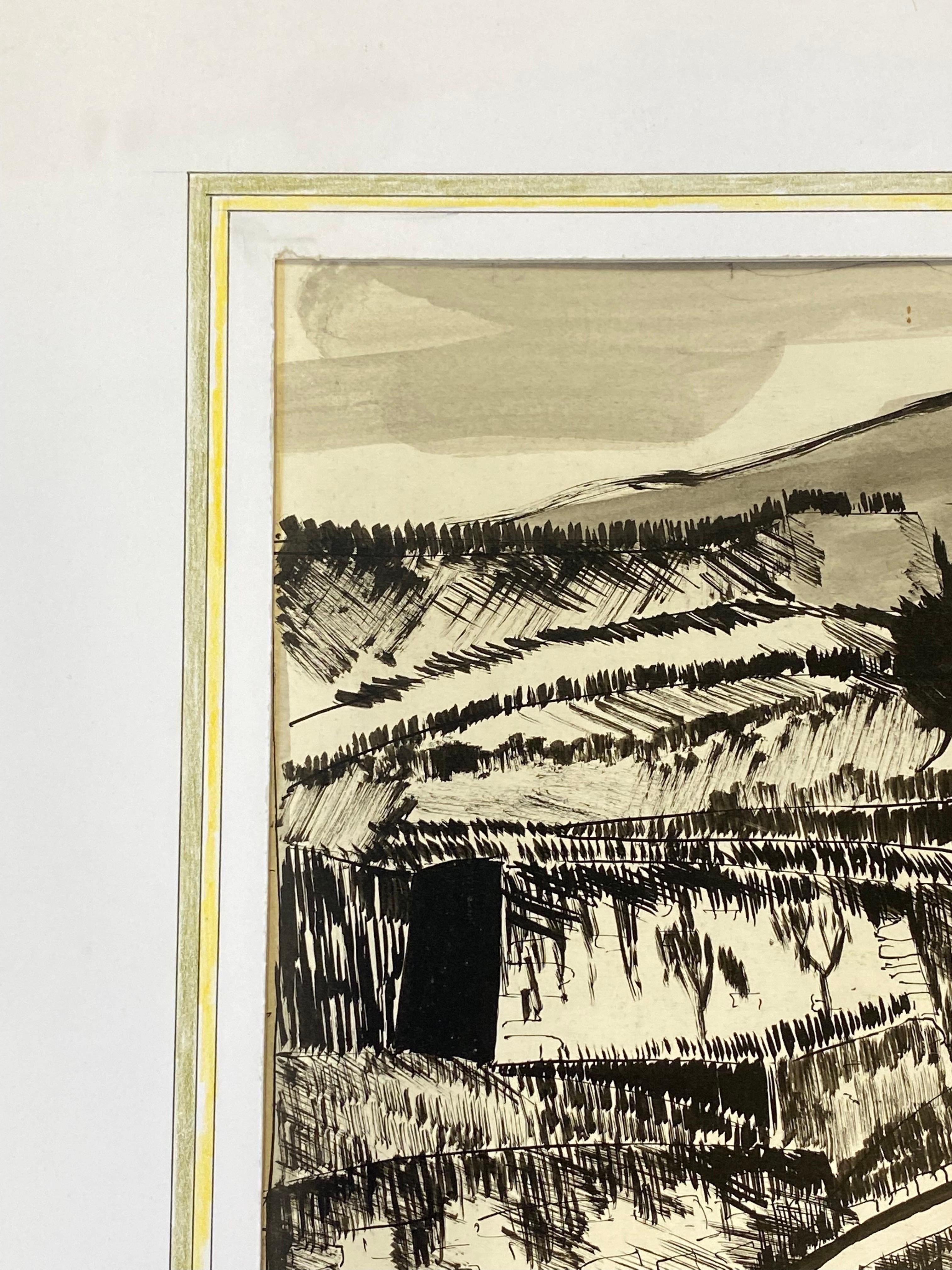 Autre Peinture moderniste / cubiste française des années 1950 signée, paysage français en noir et blanc en vente