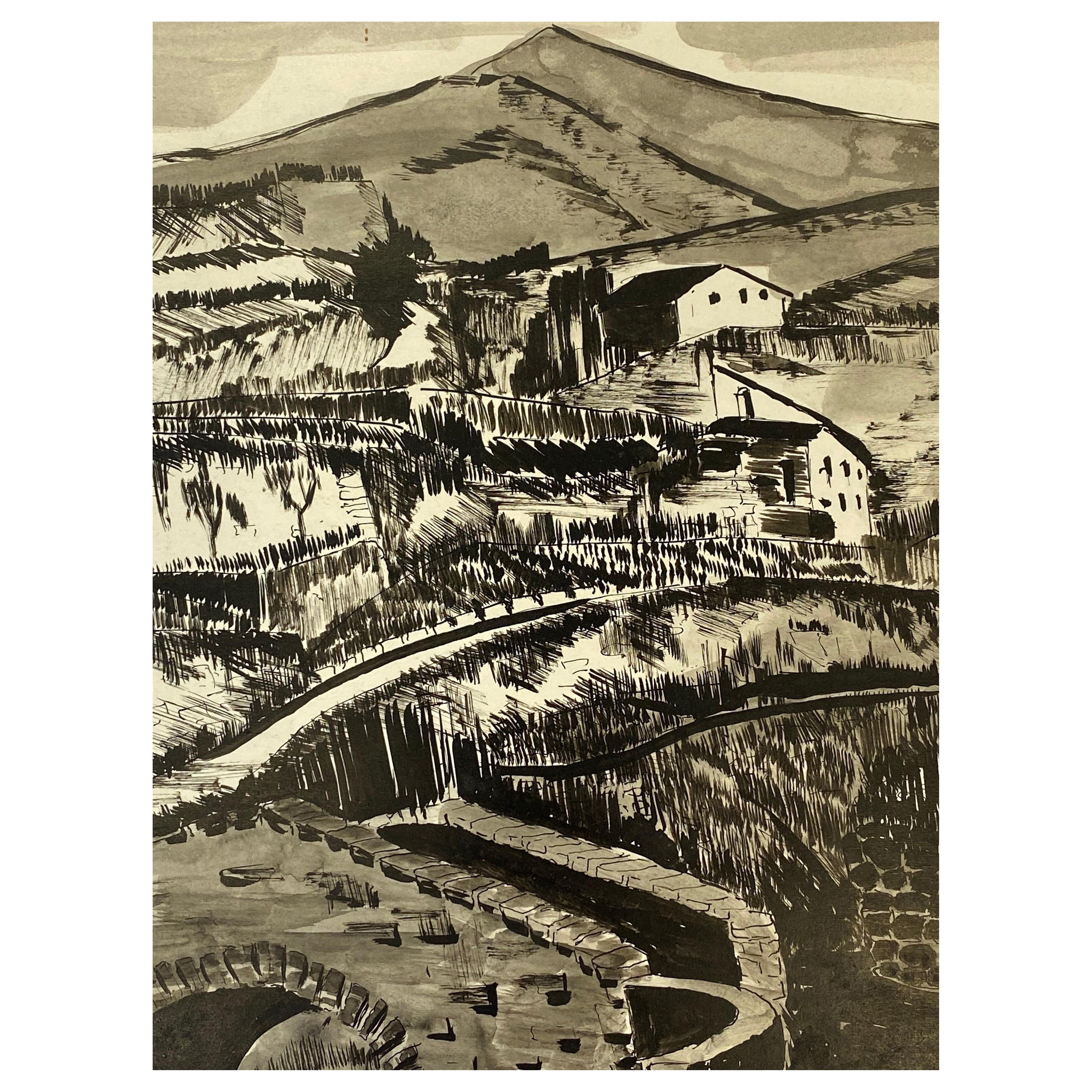 Französisches modernistisches / kubistisches Gemälde, signiert, Schwarz-Weiß-Französische Landschaft, 1950er Jahre