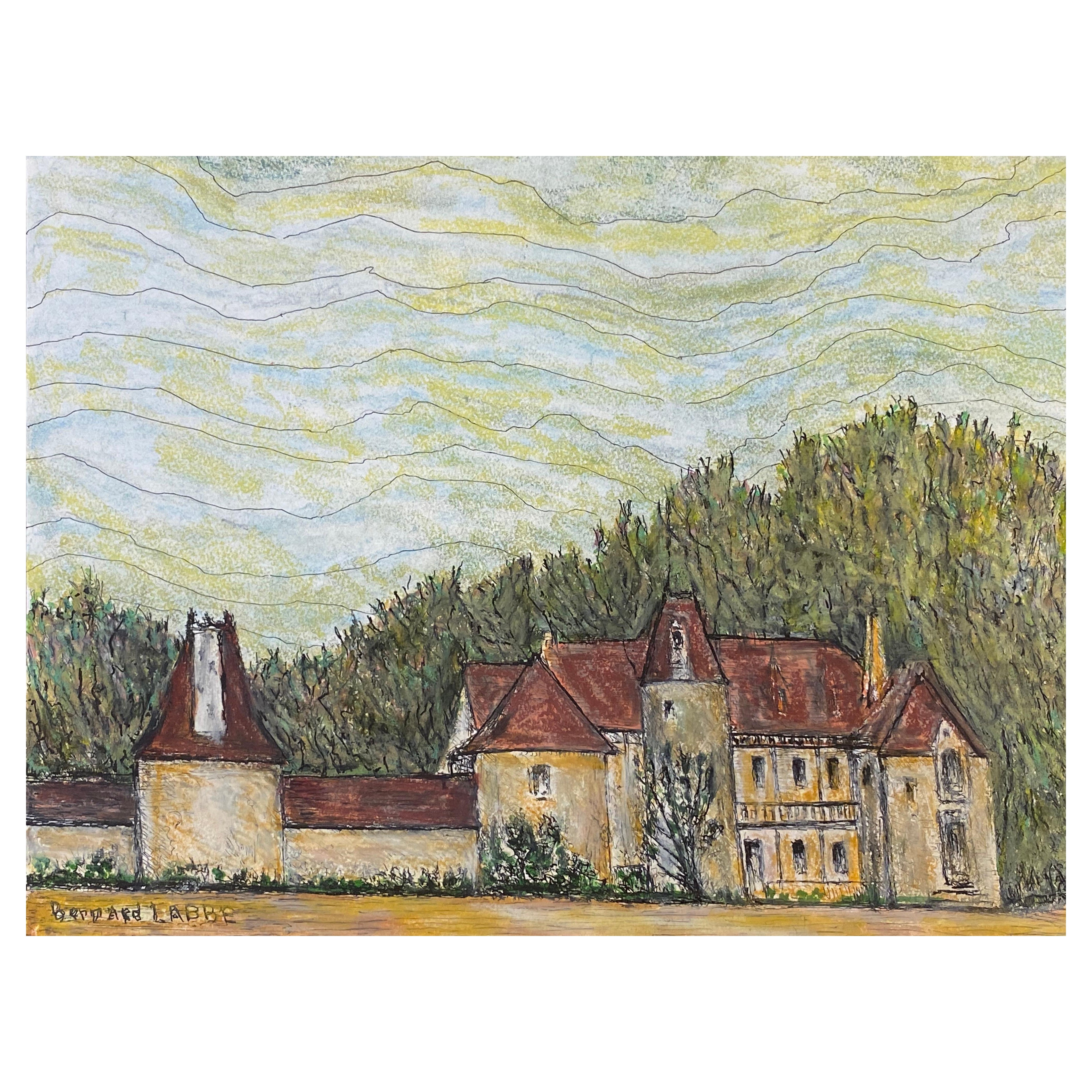 1950's French Modernist/ Cubist Painting signed, French Chateau