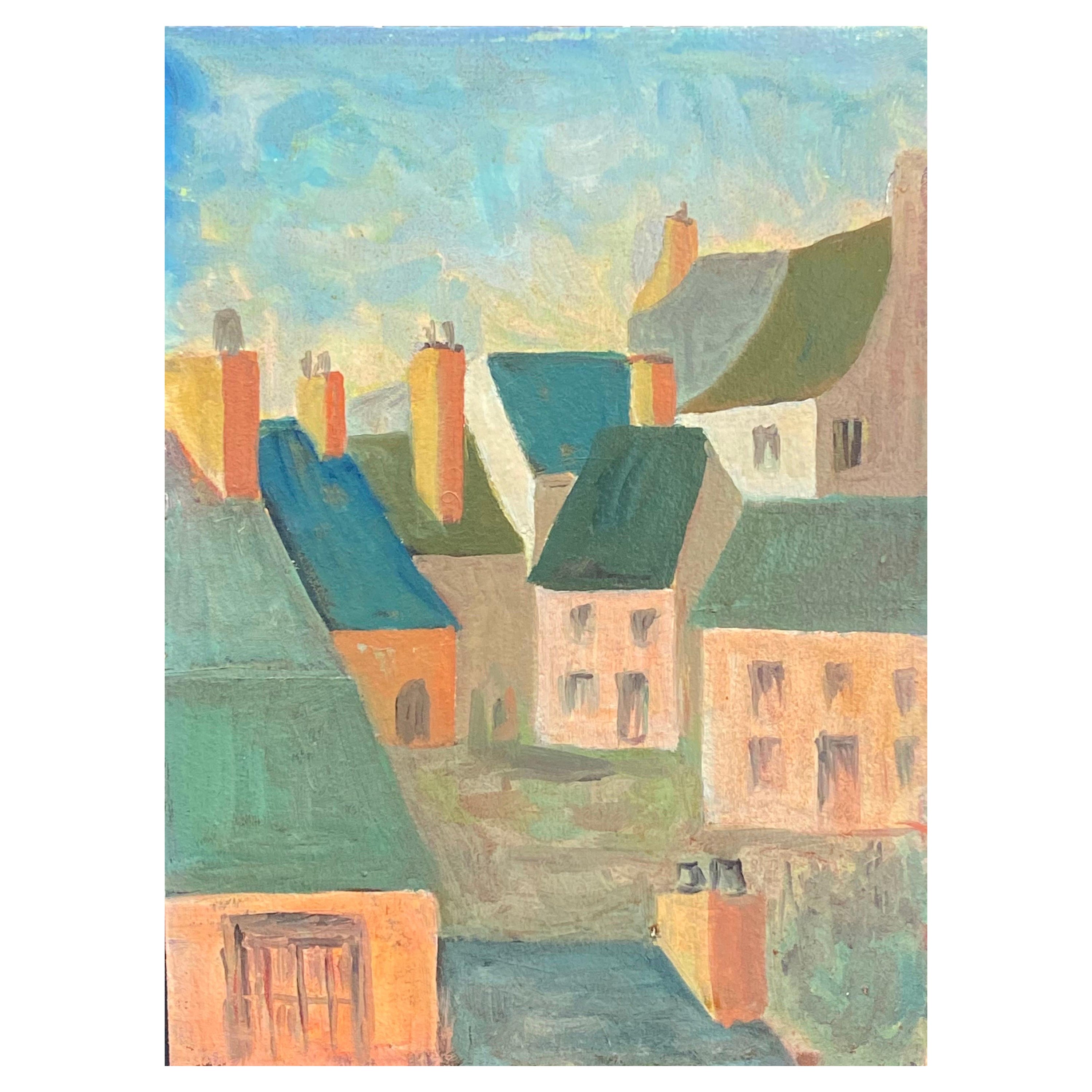 Französisches modernistisches / kubistisches Gemälde, signiert, französische Landschaft, 1950er Jahre