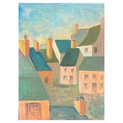 Französisches modernistisches / kubistisches Gemälde, signiert, französische Landschaft, 1950er Jahre
