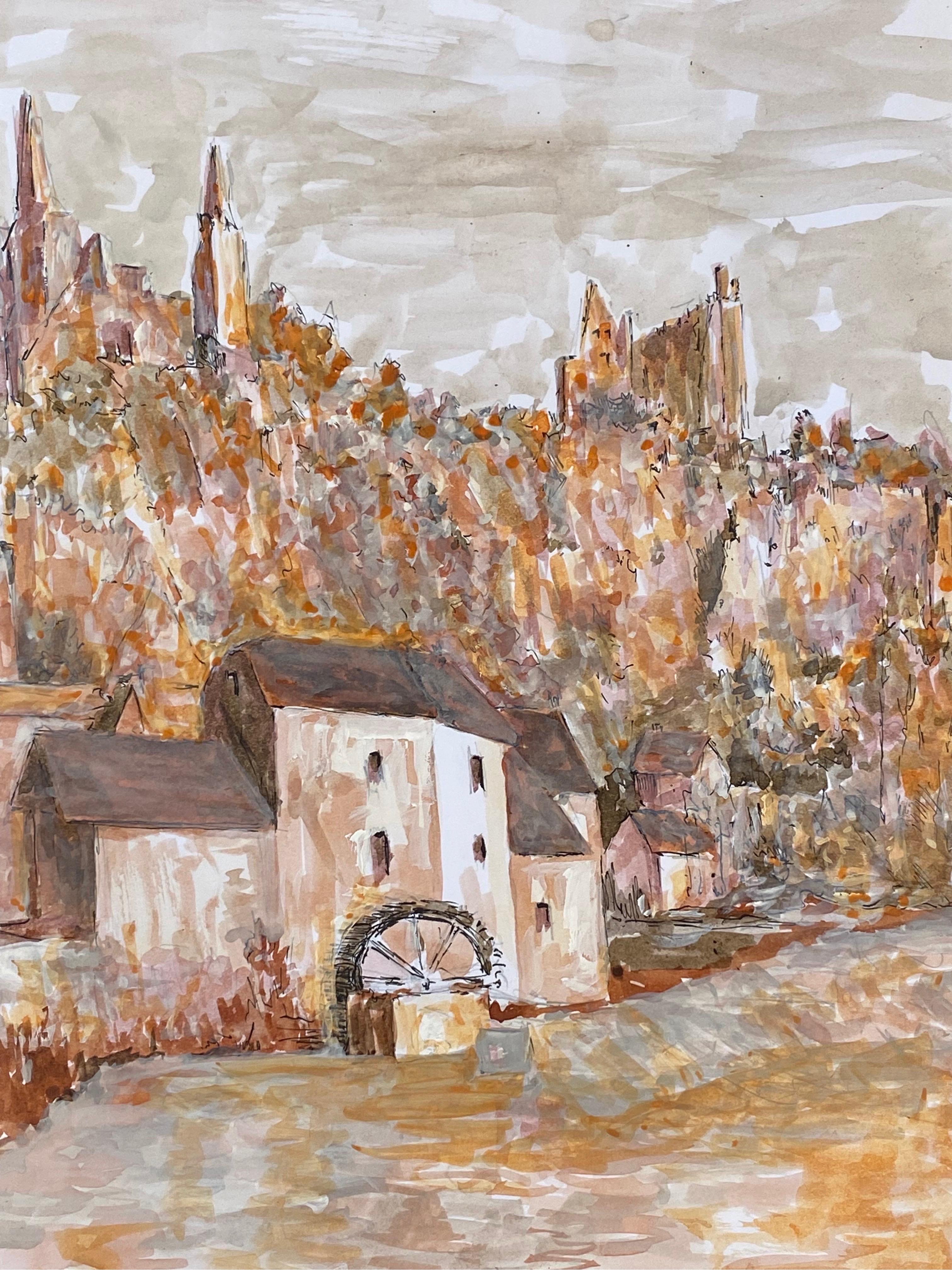 Mid-Century moderno Quadro modernista/cubista francese degli anni '50 firmato, Paesaggio arancione e rosa in vendita