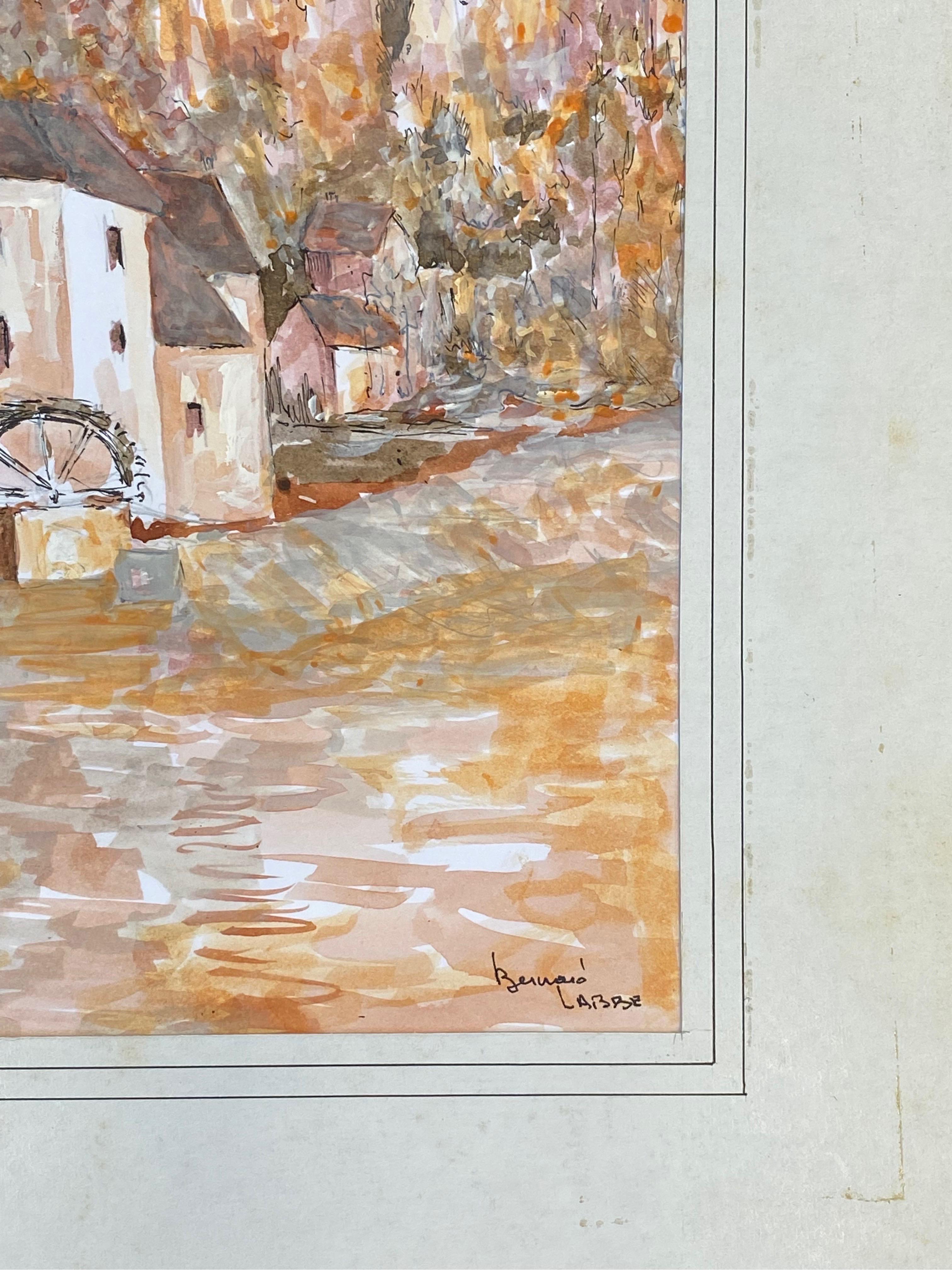 Painted 1950's French Modernist / Cubist Painting Signed, Orange and Pink Landscape For Sale