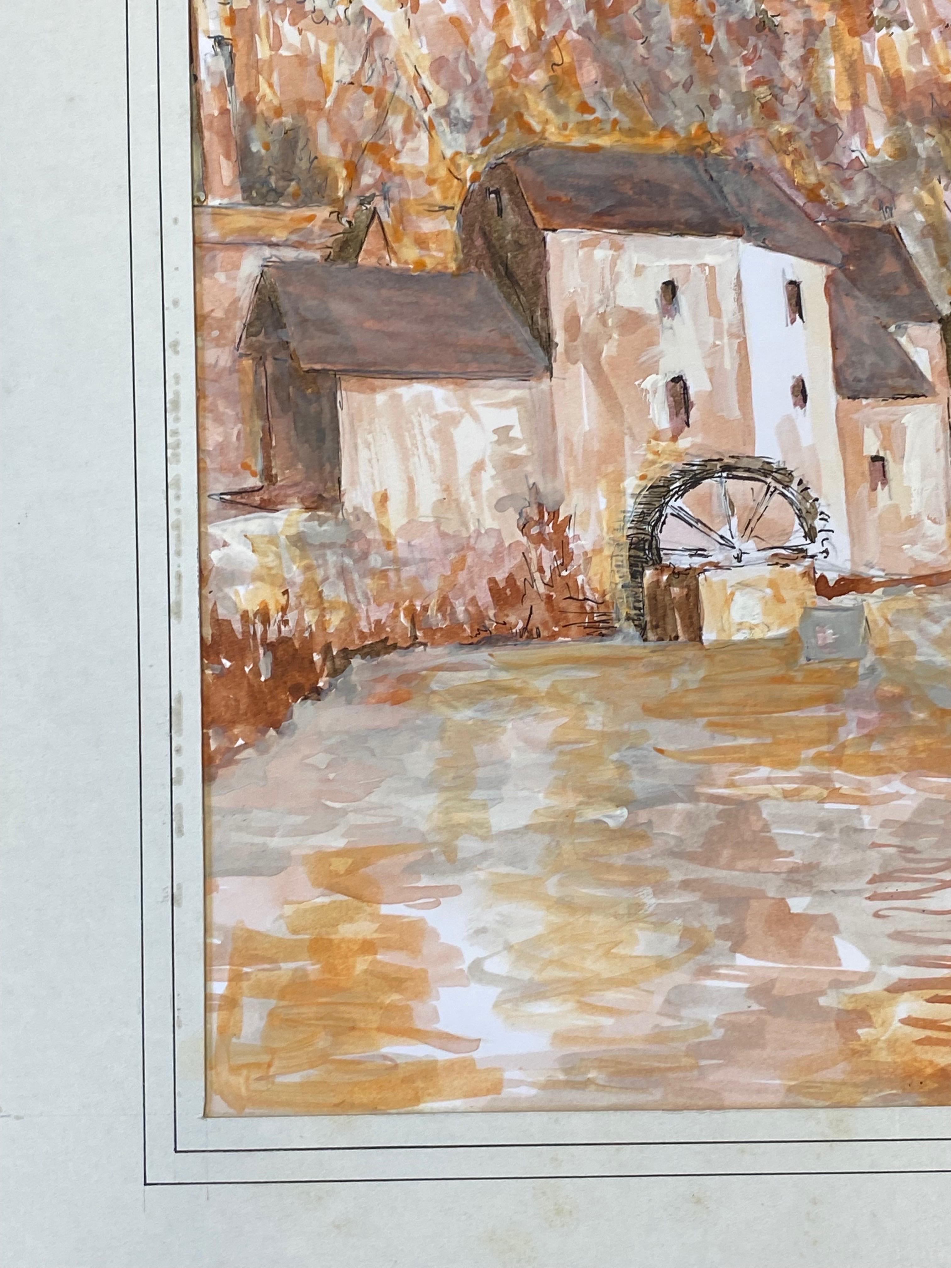 Dipinto Quadro modernista/cubista francese degli anni '50 firmato, Paesaggio arancione e rosa in vendita