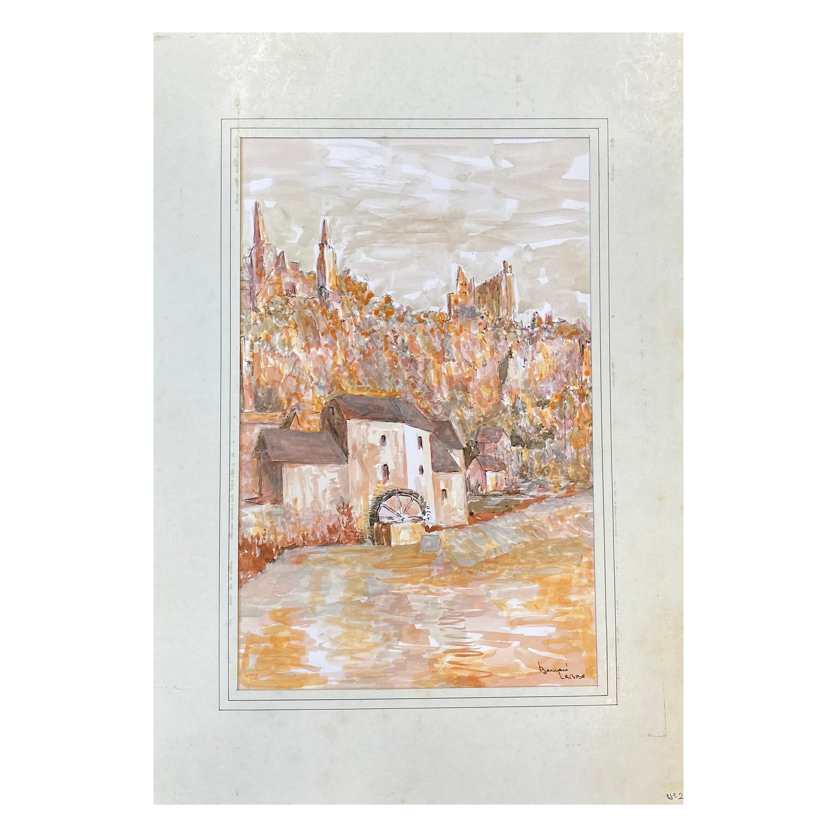 Französisches modernistisches / kubistisches Gemälde aus den 1950er Jahren, signiert, Orange und Rosa Landschaft
