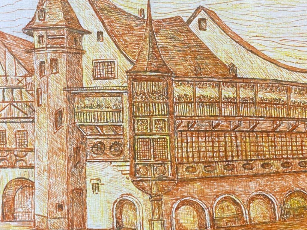 Peinture moderniste/ cubiste française des années 1950 signée, paysage de bâtiment orange Excellent état - En vente à Cirencester, GB