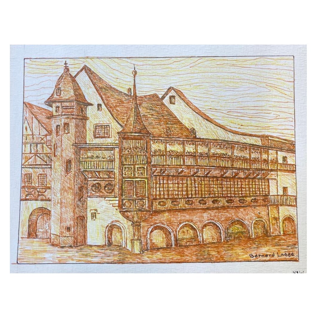 Peinture moderniste/ cubiste française des années 1950 signée, paysage de bâtiment orange