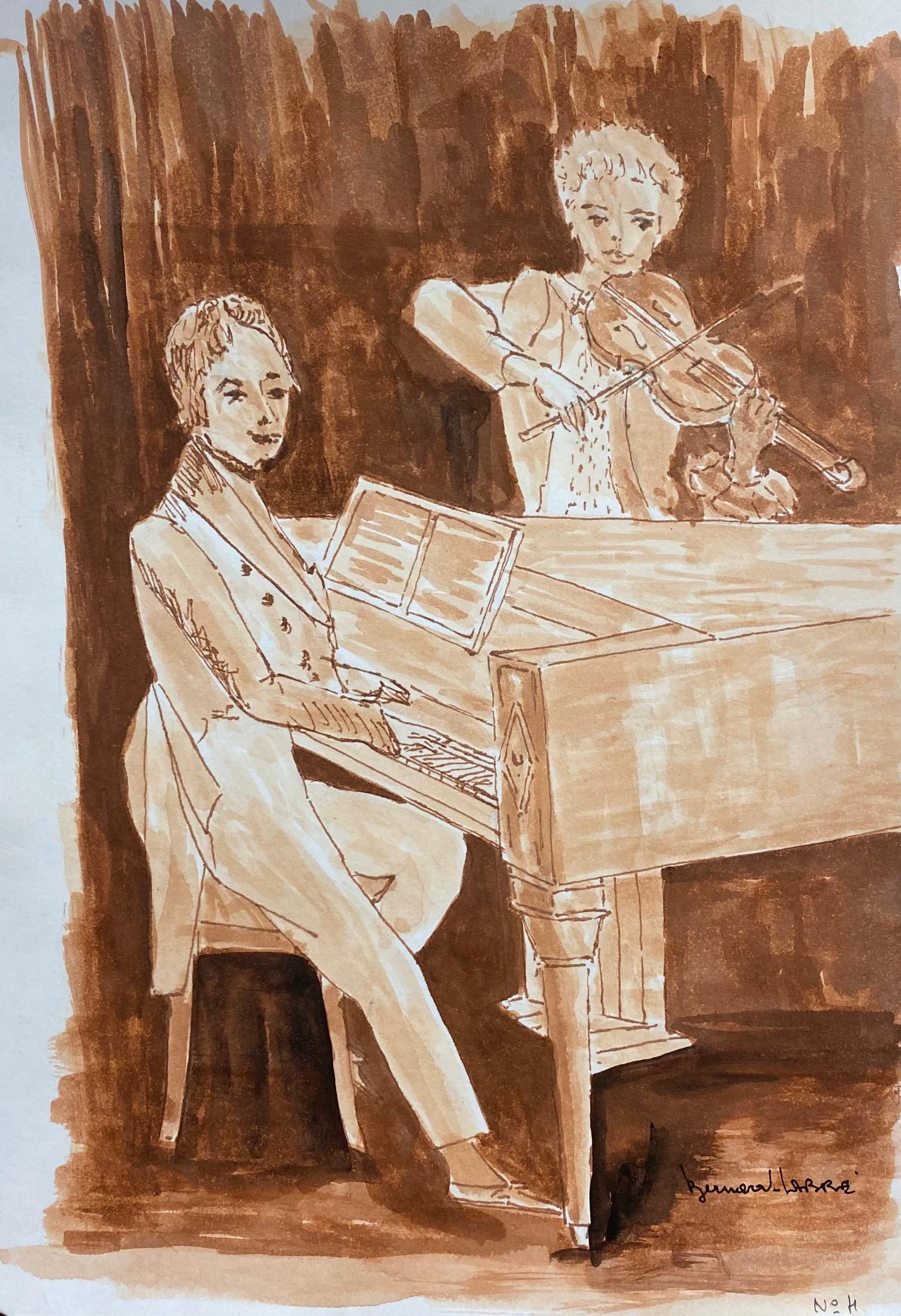 Das Duett von Pianist und Violine
von Bernard Labbe (Französisch, Mitte 20. Jahrhundert)
signiertes Original-Aquarell/Gouache-Gemälde auf Papier, ungerahmt
größe: 11,75 x 8,75 Zoll
zustand: sehr gut und genussbereit. 

provenienz: Atelier des