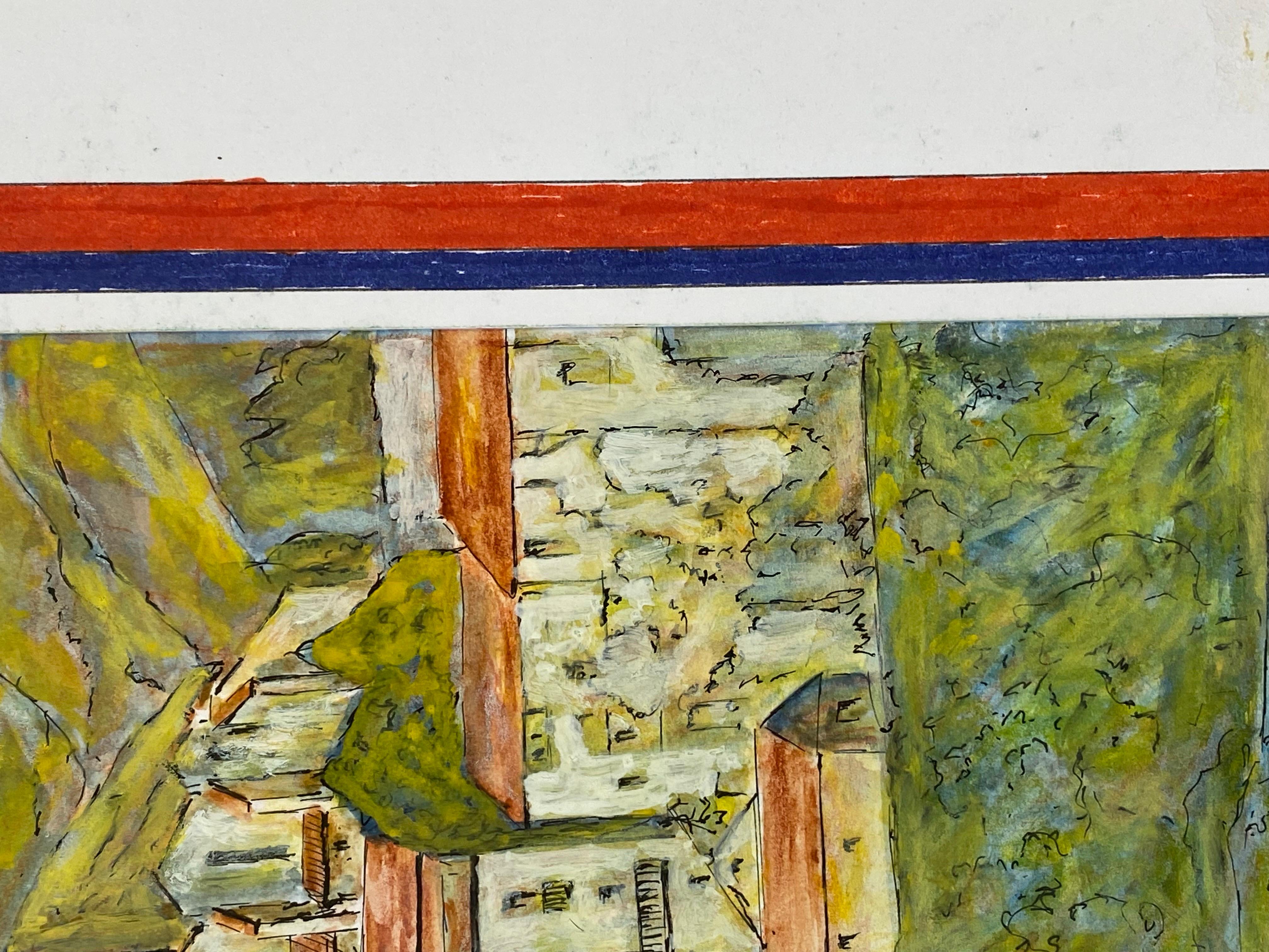 Französisches modernistisches/ kubistisches Gemälde aus den 1950er Jahren, signiert – atemberaubende französische Gebäude (Sonstiges) im Angebot