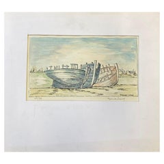 Französisches modernistisches/ kubistisches Gemälde der 1950er Jahre, signiert, „Die drei Boote“