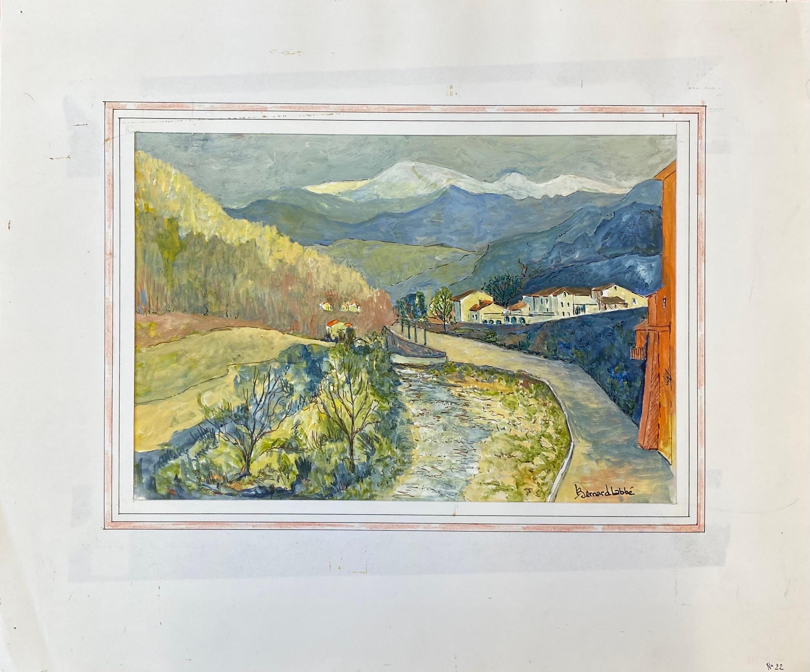1950's French Modernist/ Cubist Painting Signed - Arroyo francés tranquilo Moderno de mediados de siglo