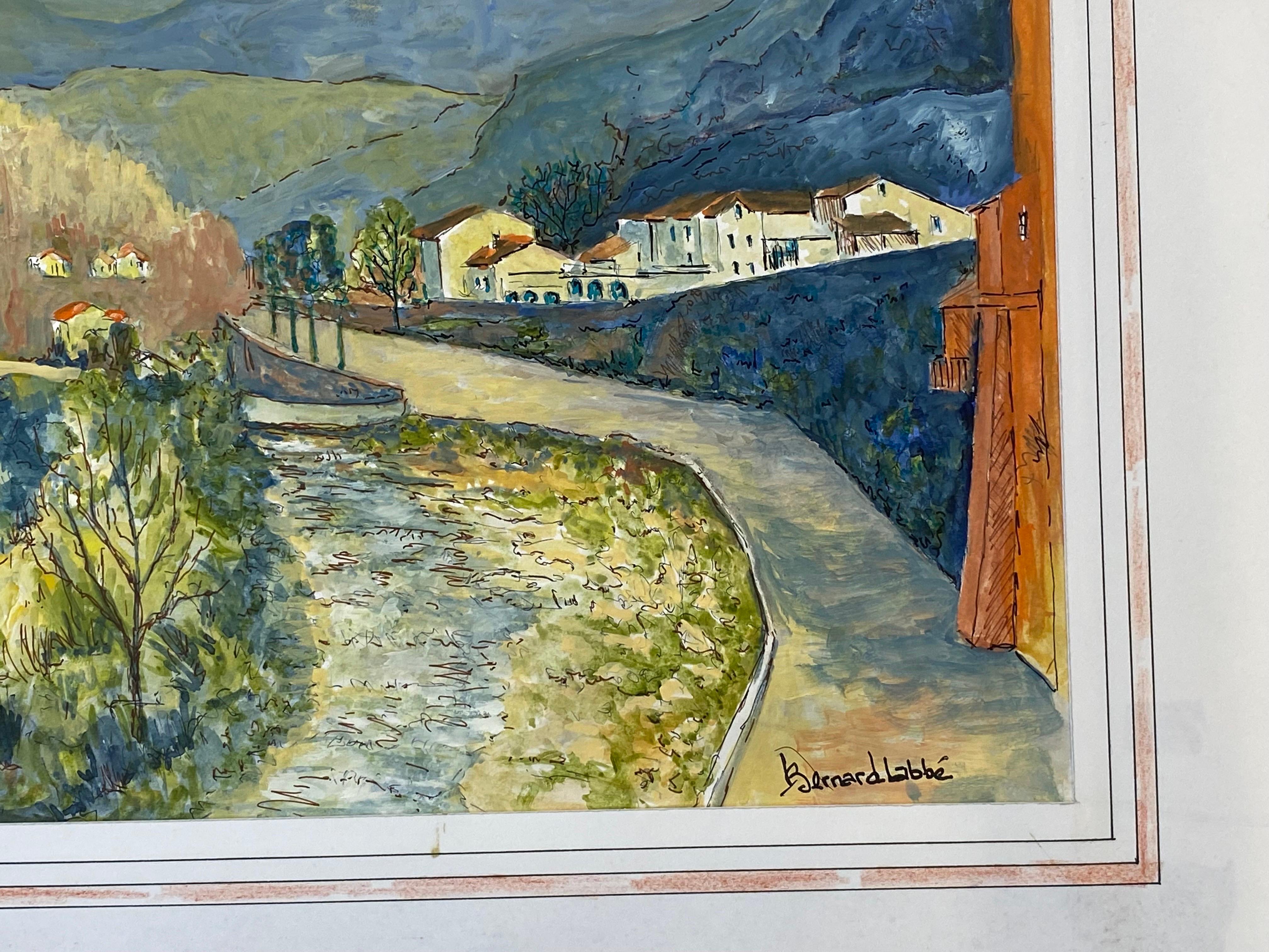 1950's French Modernist/ Cubist Painting Signed - Arroyo francés tranquilo Francés