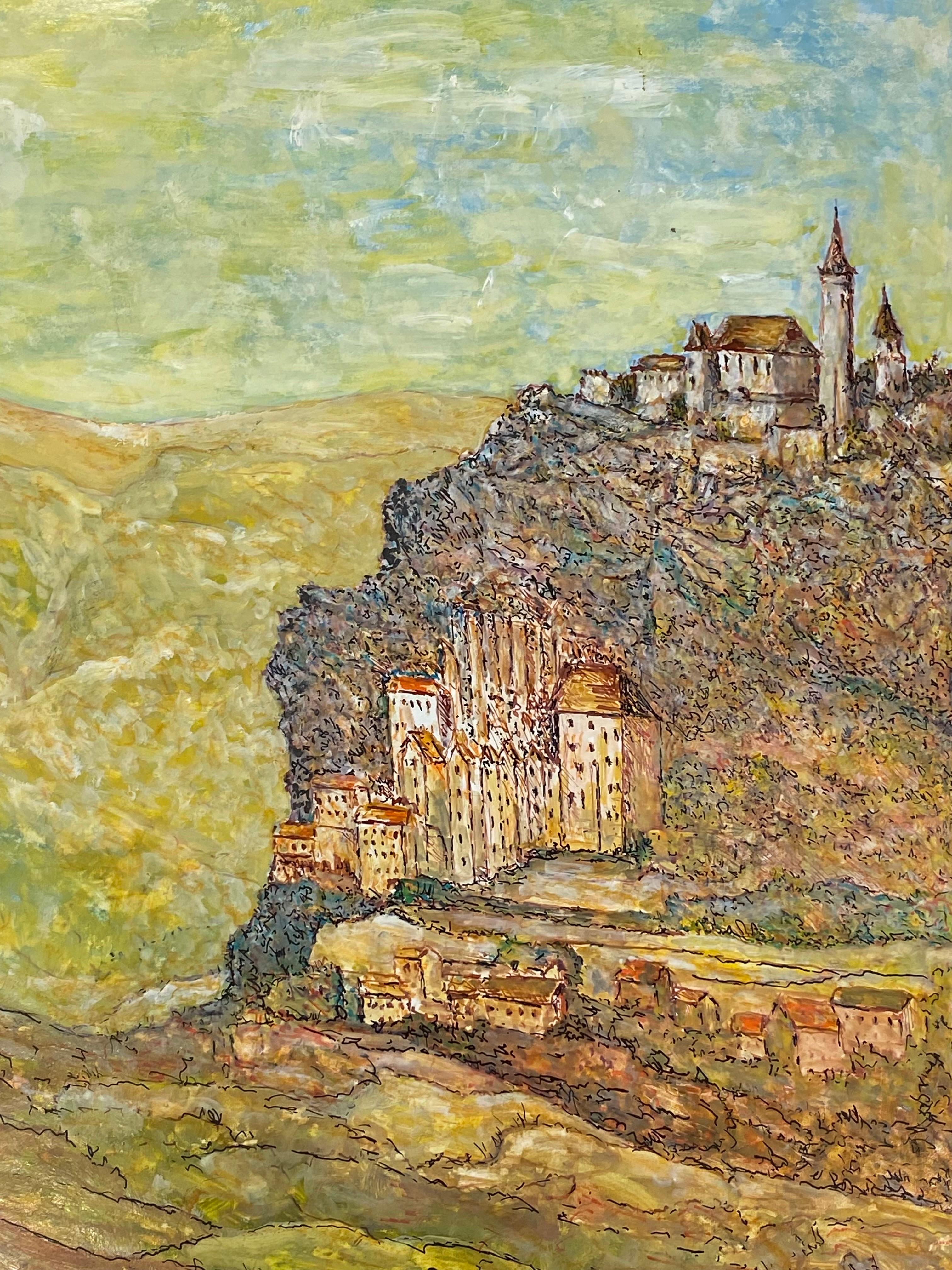 Mid-Century moderno Quadro cubista/modernista francese del 1950 firmato - Veduta di un villaggio francese in vendita