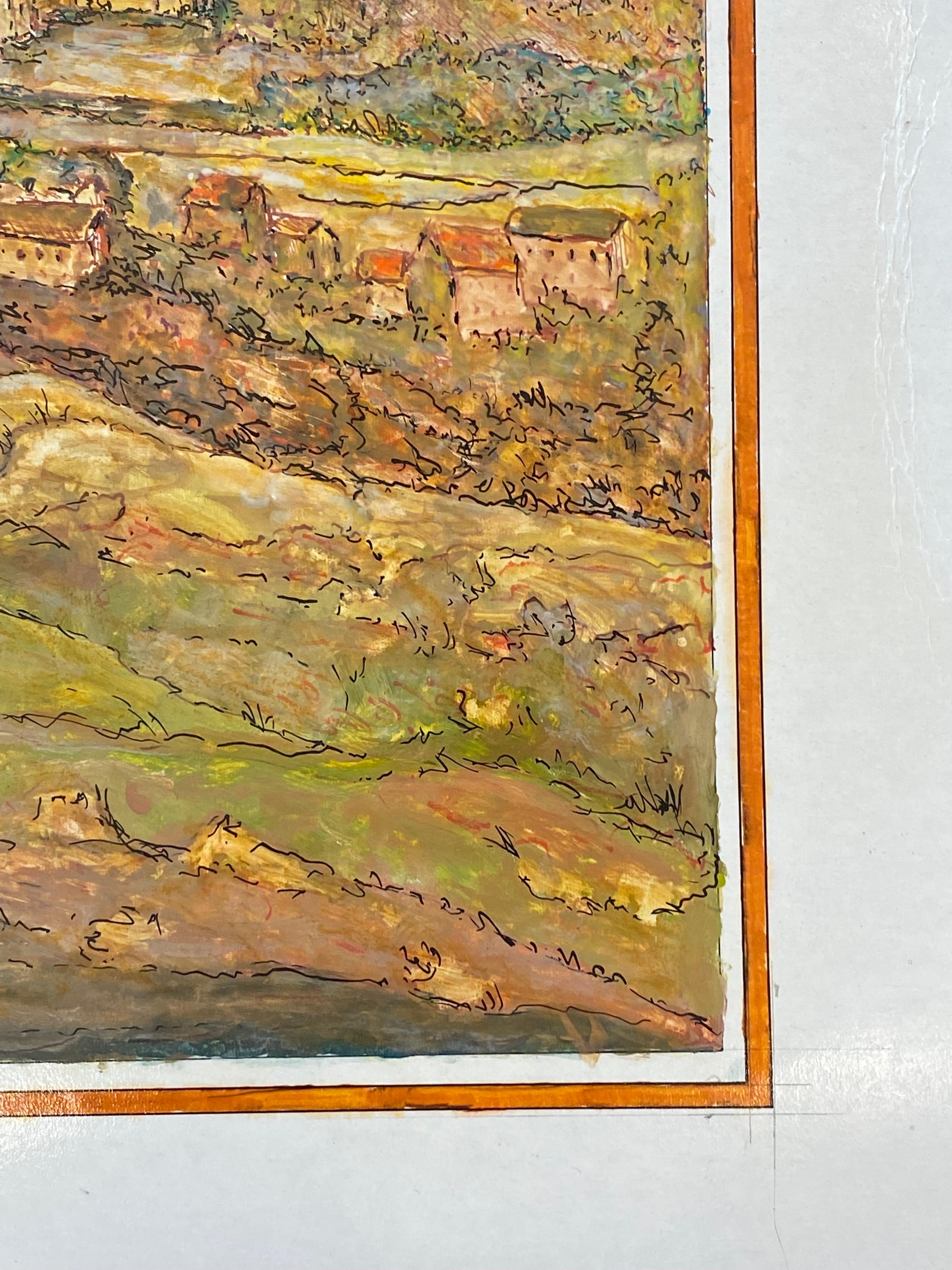 Francese Quadro cubista/modernista francese del 1950 firmato - Veduta di un villaggio francese in vendita