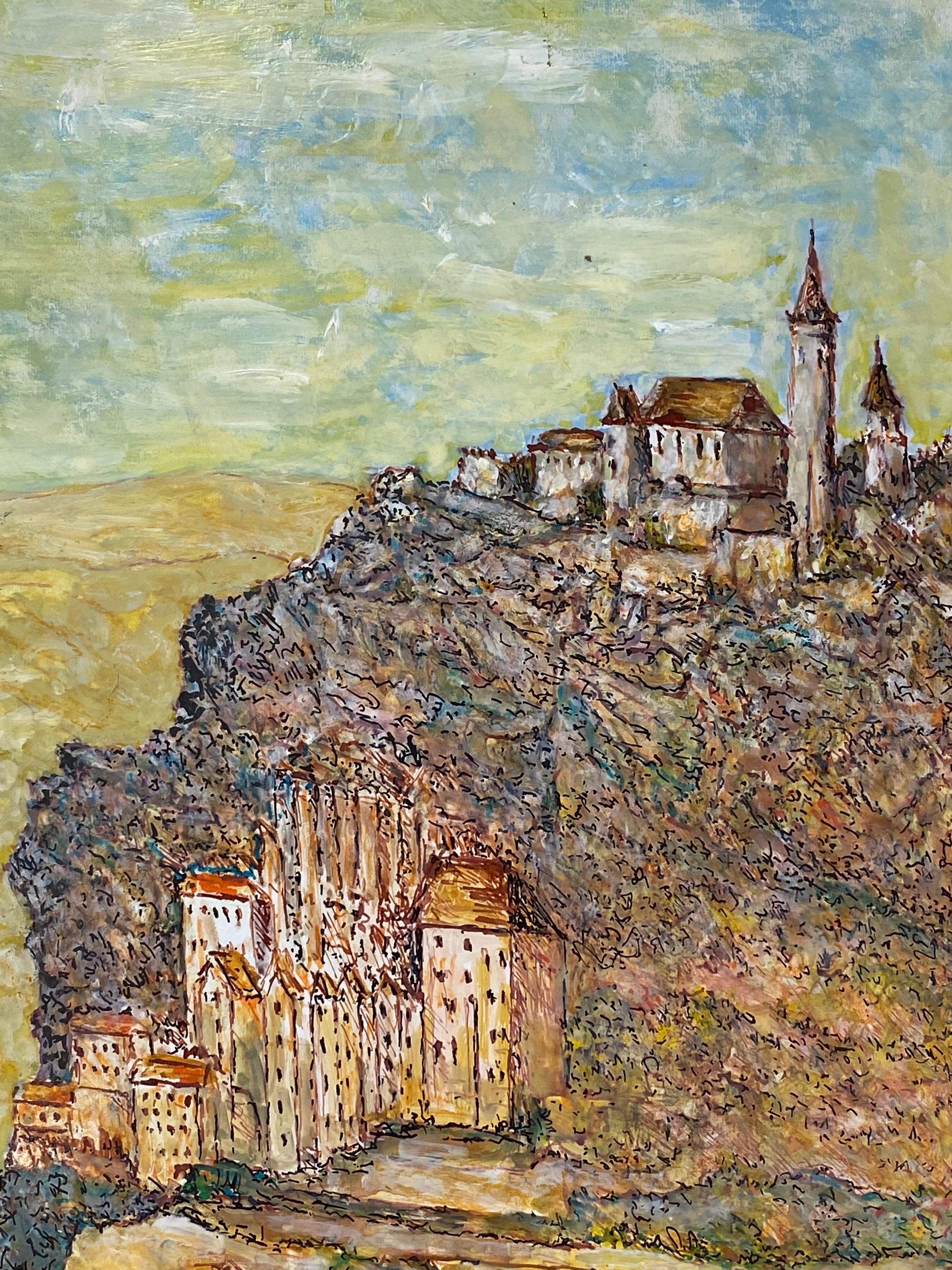 Metà XX secolo Quadro cubista/modernista francese del 1950 firmato - Veduta di un villaggio francese in vendita