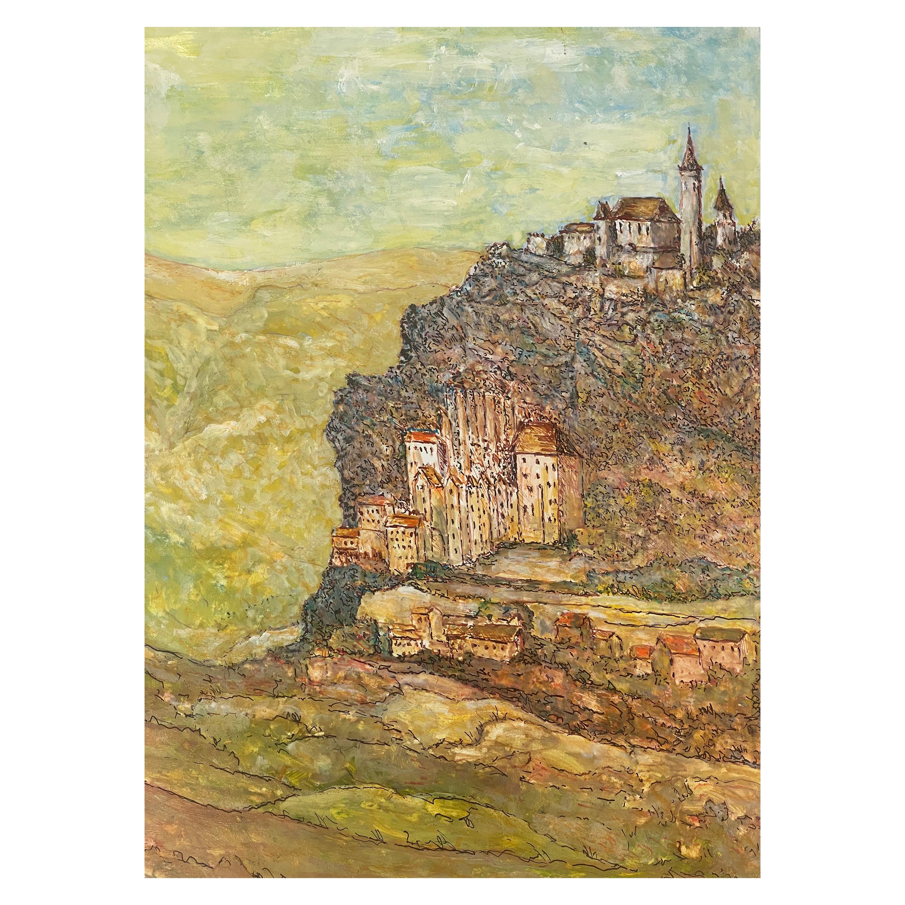 1950's French Modernist/ Cubist Painting Signed - View of French Village