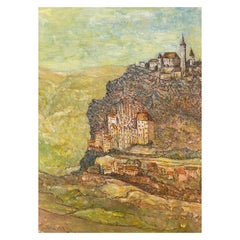 1950's French Modernist/ Cubist Painting Signed - View of French Village