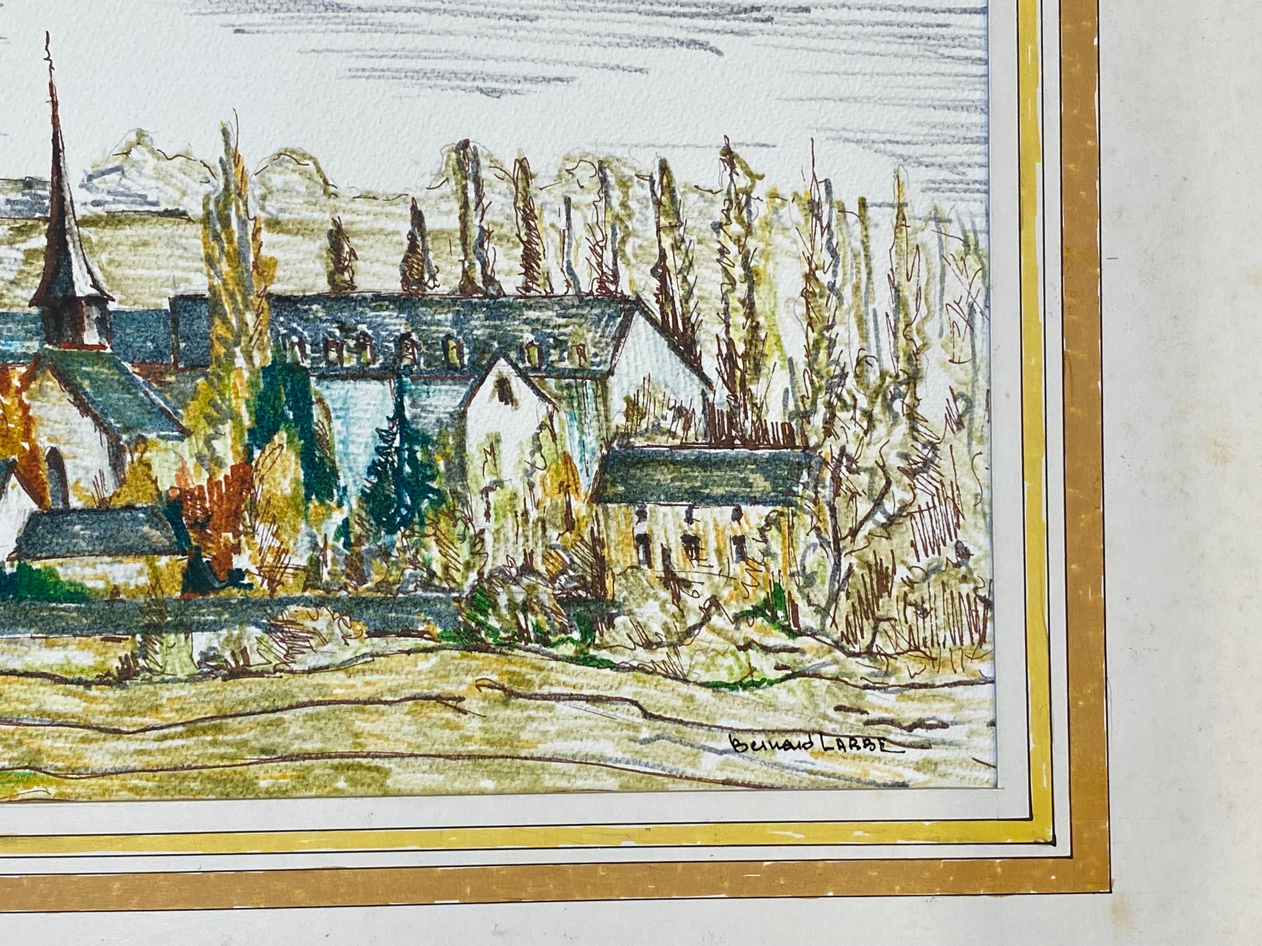 Painted 1950's French Modernist / Cubist Painting Signed, View of Green French Village For Sale