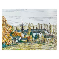 1950's Französisch Modernist / Kubist Gemälde signiert, Blick auf grüne Französisch Dorf