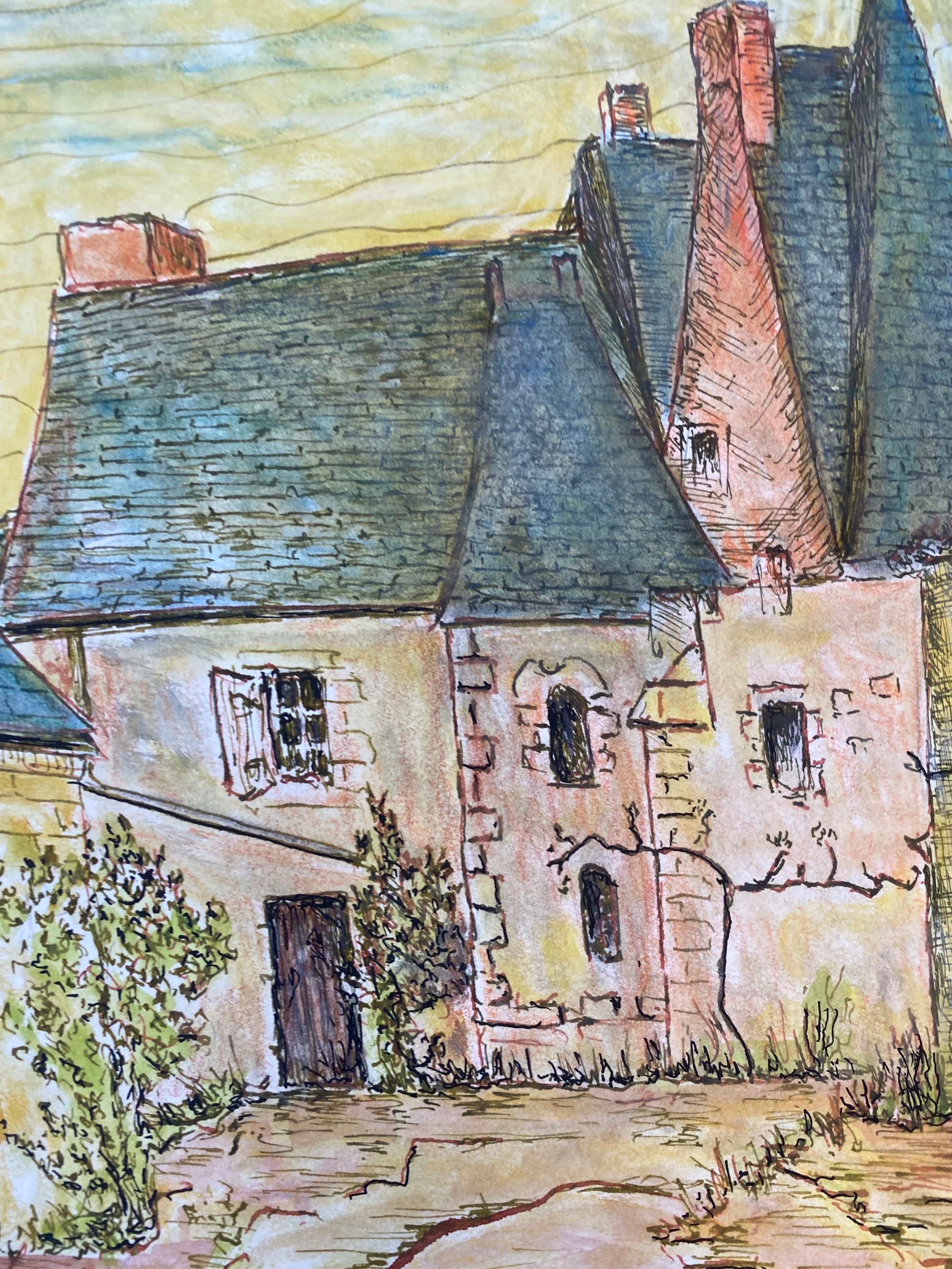 Painted 1950's French Modernist/ Cubist Painting Signed, Vintage French Building For Sale
