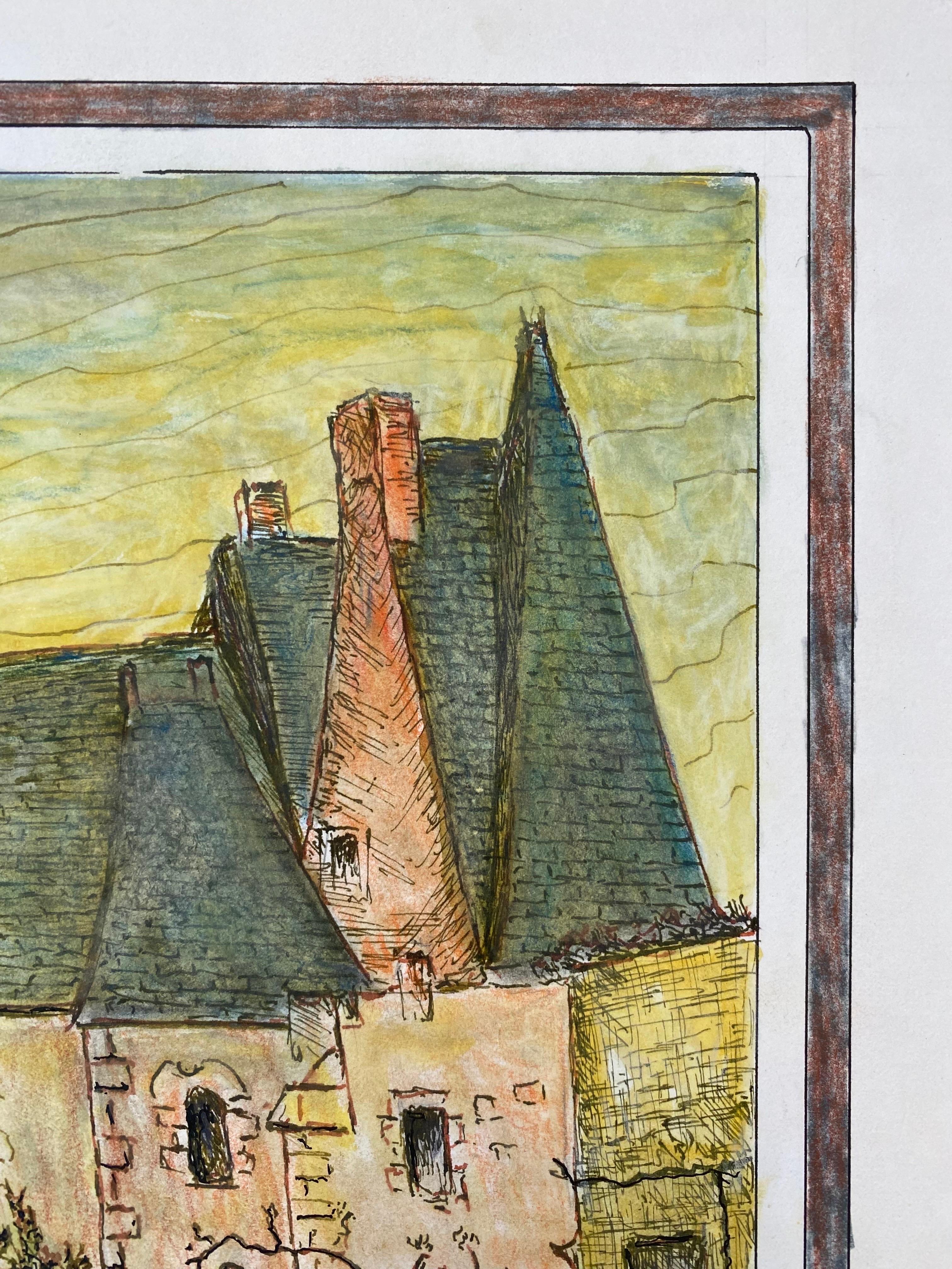 1950's French Modernist/ Cubist Painting Signed, Vintage French Building In Excellent Condition For Sale In Cirencester, GB