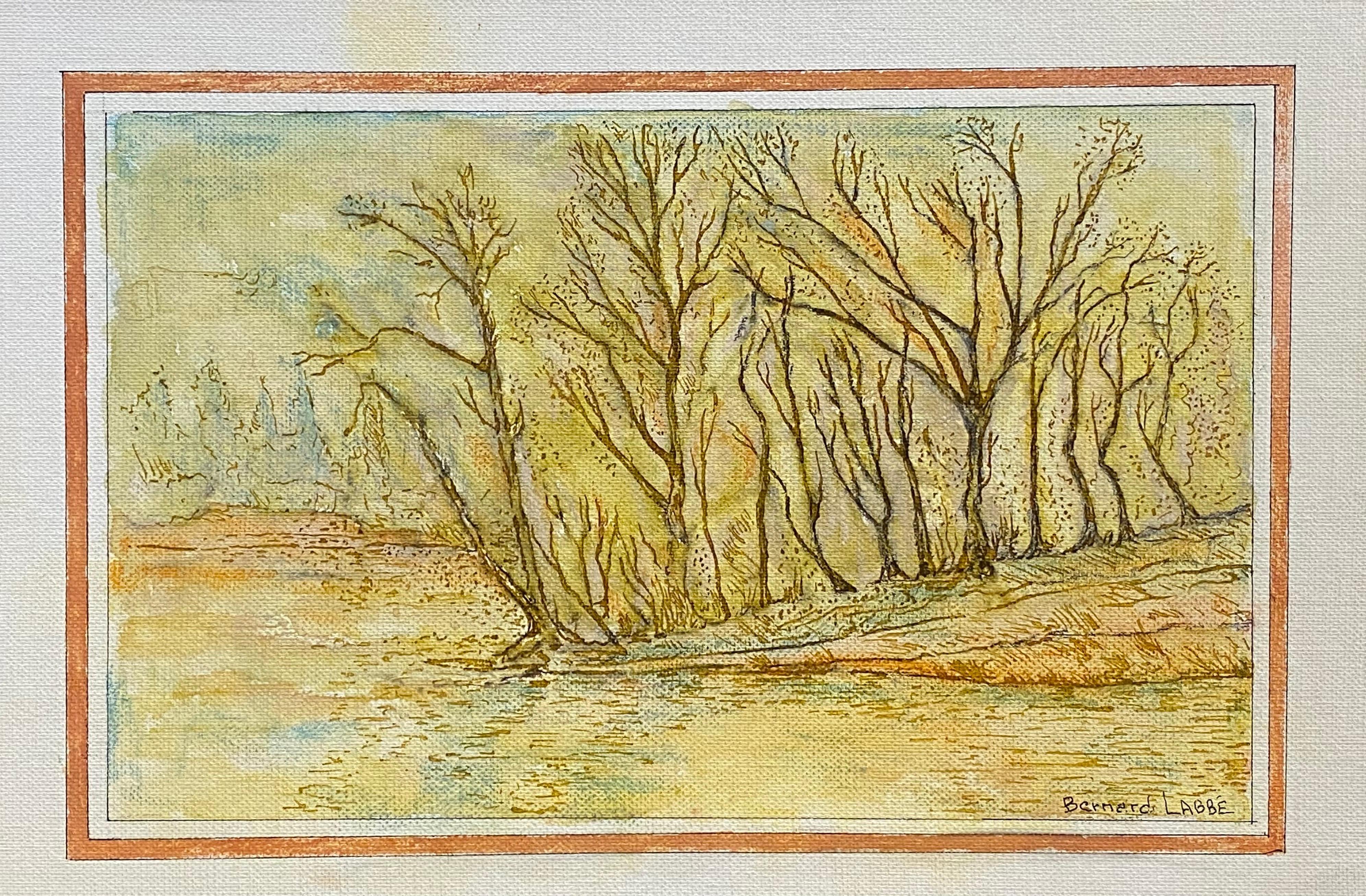 Woodland over lake
by Bernard Labbe (French mid 20th century).
signed original watercolour/ gouache painting on board, unframed.
Size: 9.5 x 13.75 inches.
Condition: very good and ready to be enjoyed. 

Provenance: the artists atelier/ studio,
