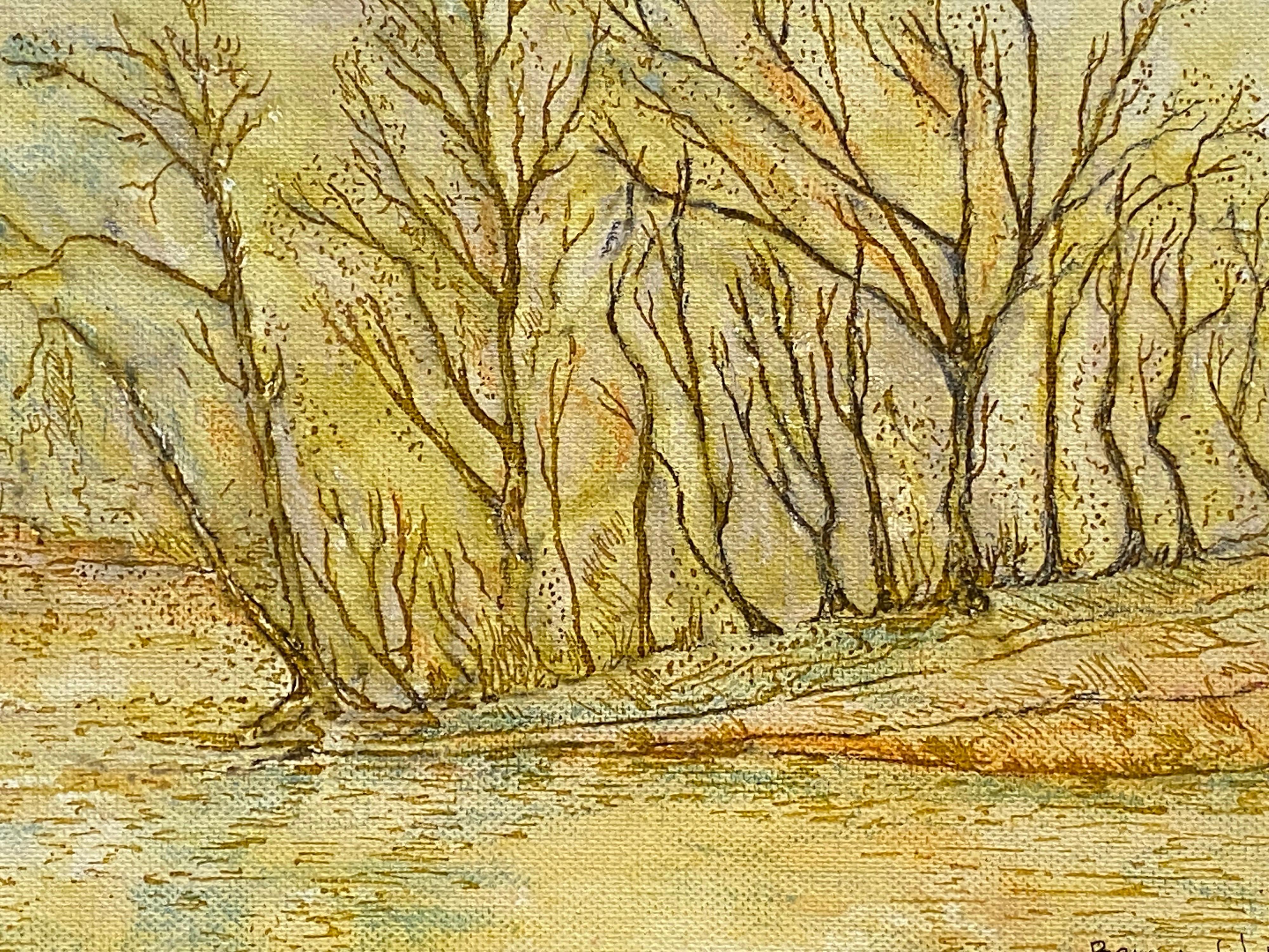 20th Century 1950's French Modernist/ Cubist Painting Signed, Woodland over Lake For Sale