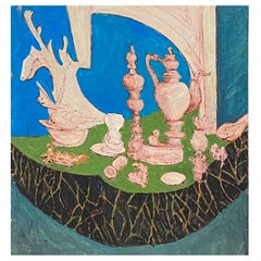1950er Französische Moderne/ Kubistische Malerei der 1950er Jahre, Wacky Interior Scene