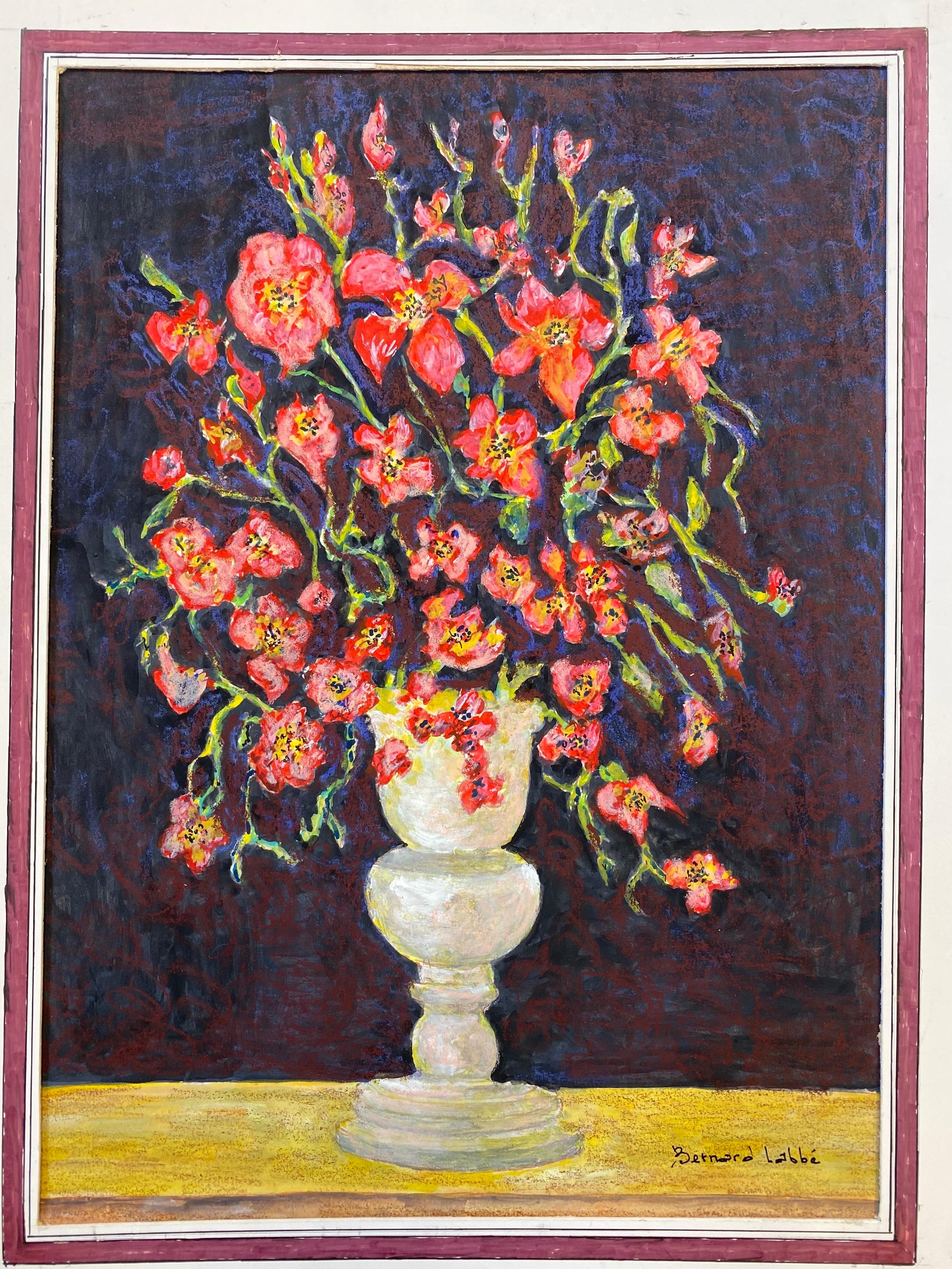 Mid-Century Modern Peinture moderniste/ cubiste française des années 1950 signée, magnifiques fleurs dans un vase en vente