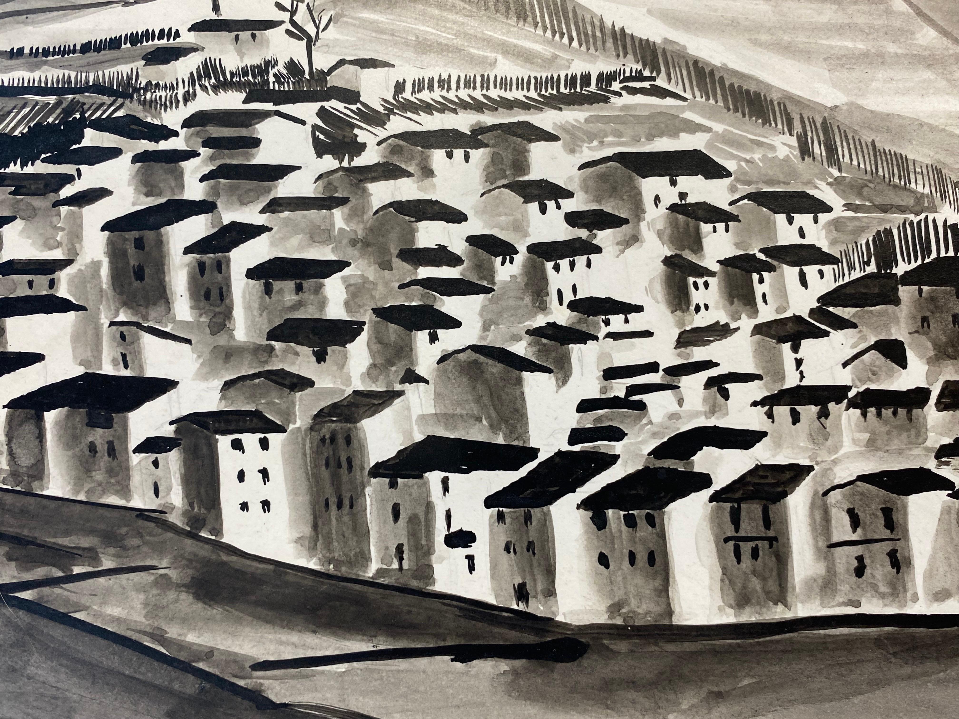 Autre Peinture moderniste/cubiste française des années 1950 signée, paysage de village en noir et blanc en vente