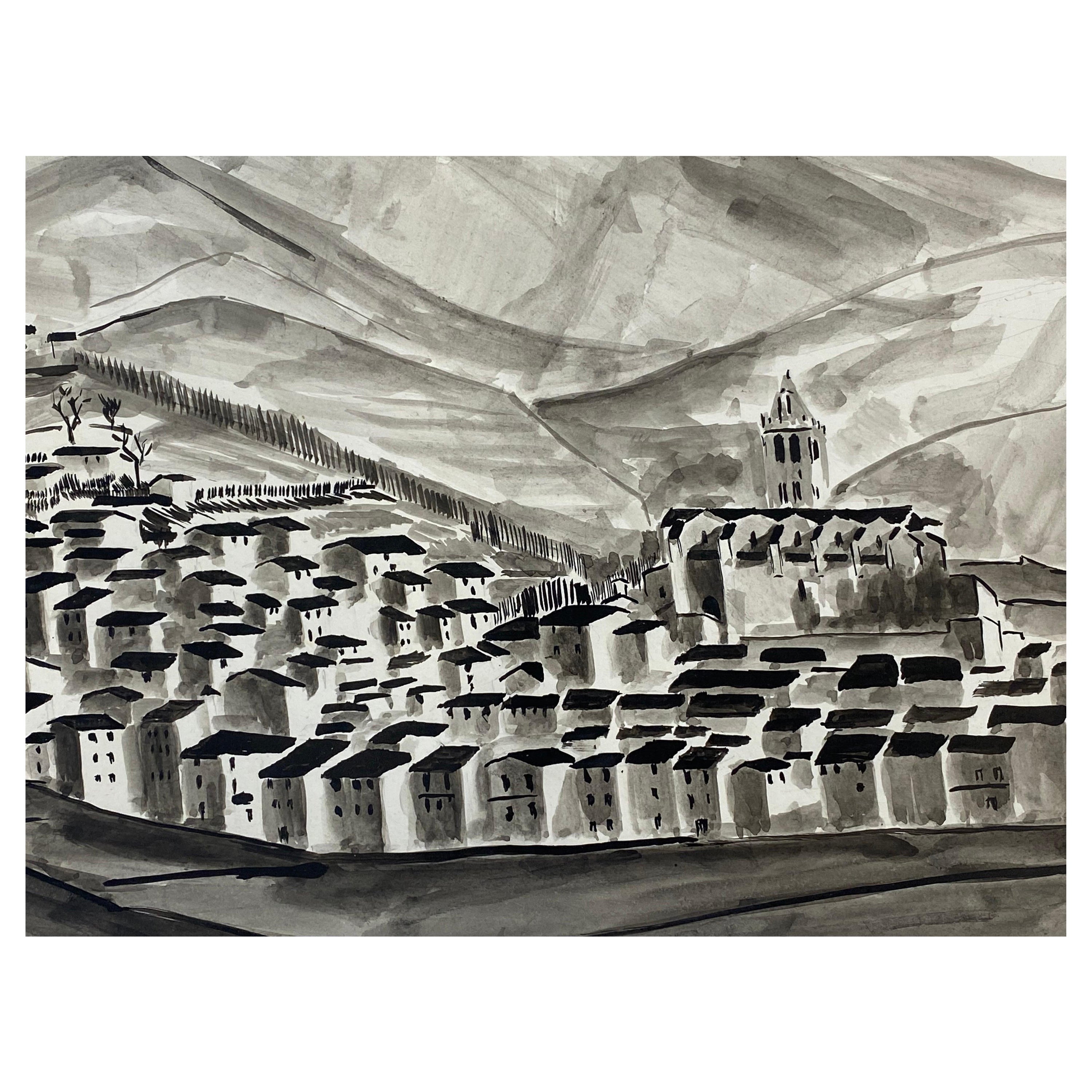 1950er Jahre Französisch Modernist / Kubist signiert Malerei Schwarz-Weiß-Dorflandschaft im Angebot
