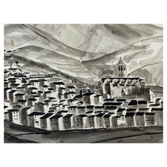 Peinture moderniste/cubiste française des années 1950 signée, paysage de village en noir et blanc