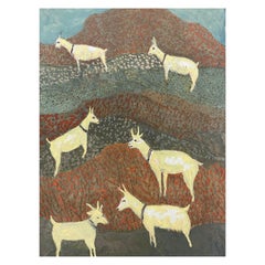 1950
s French Modernist / Cubist Signed Painting, Goats in Field Landscape