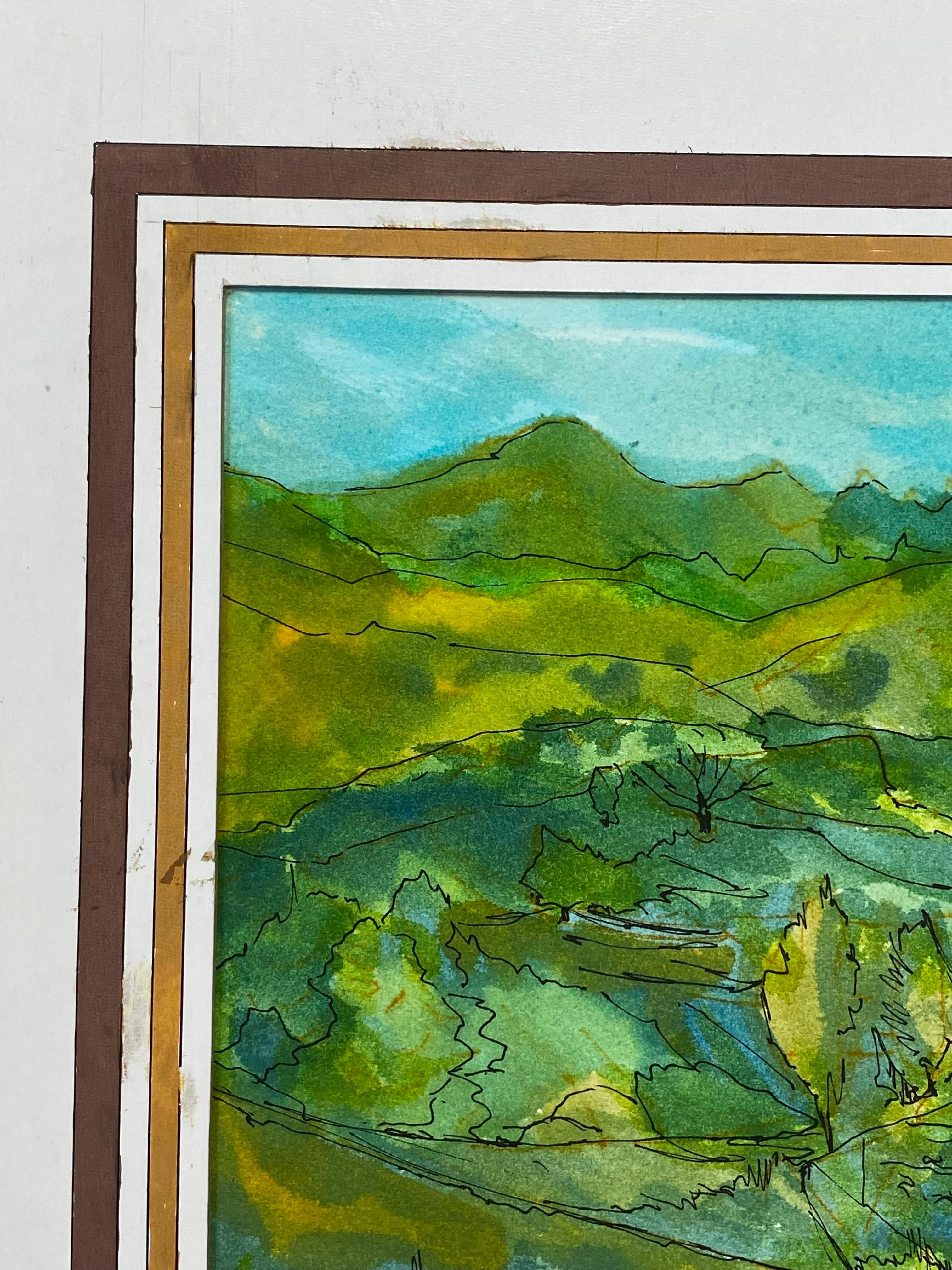 Mid-Century Modern 1950's French Modernist/ Cubist Signed Painting, Green & Blue Landscape For Sale