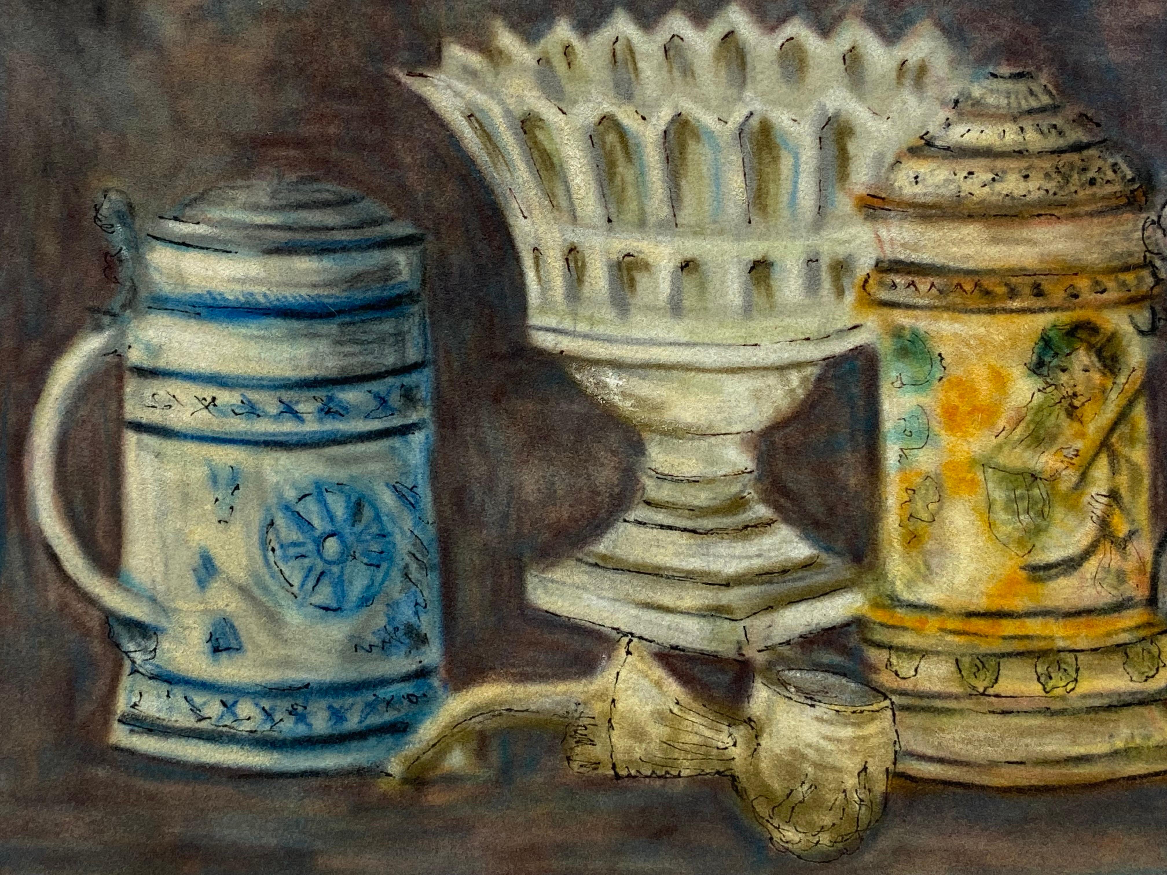 Mid-Century Modern Peinture signée moderniste/ cubiste française des années 1950, objets de table d'intérieur en vente
