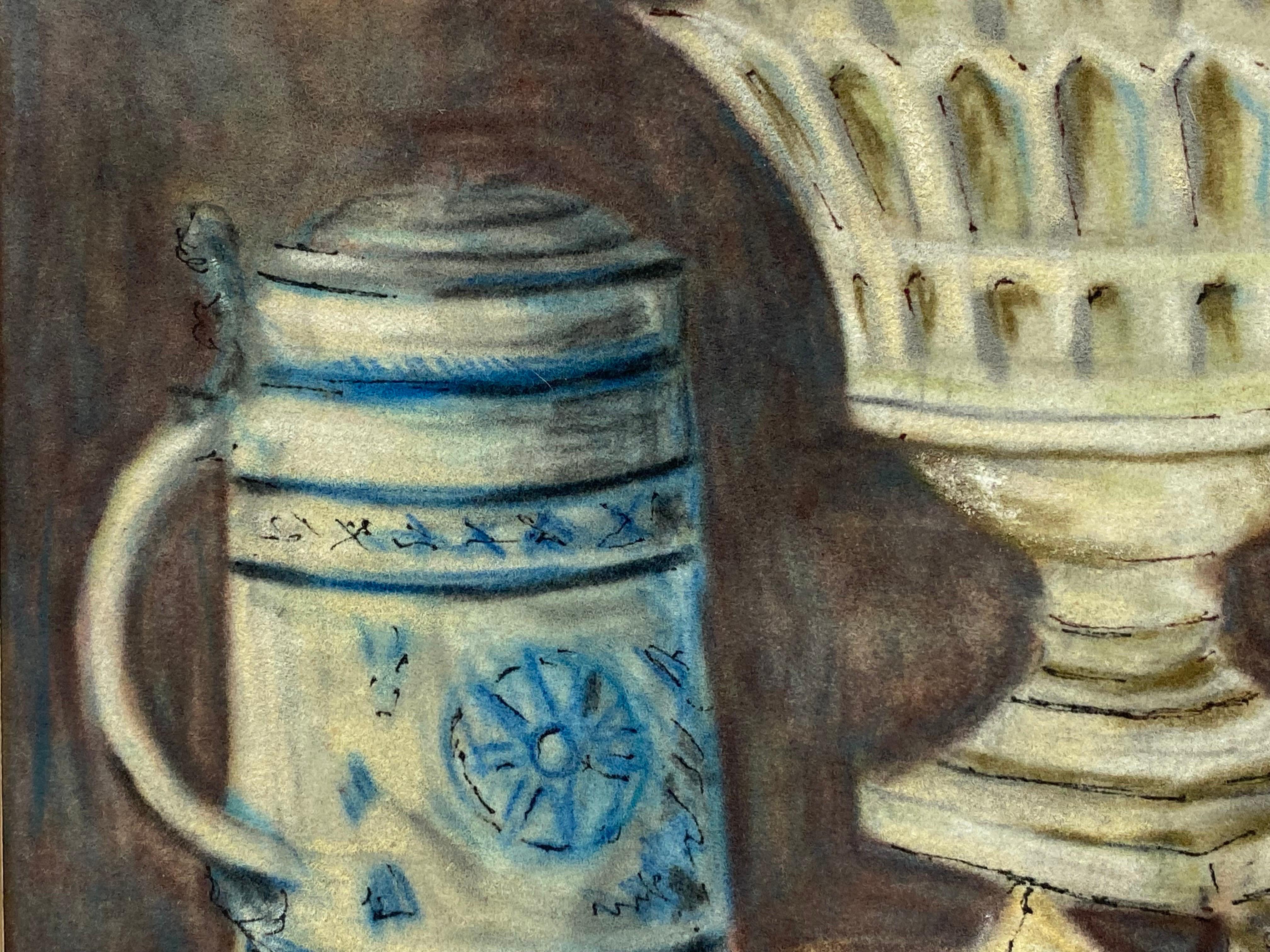 Milieu du XXe siècle Peinture signée moderniste/ cubiste française des années 1950, objets de table d'intérieur en vente