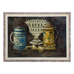 1950's French Modernist/ Cubist Signed Painting, Interior Table Objects