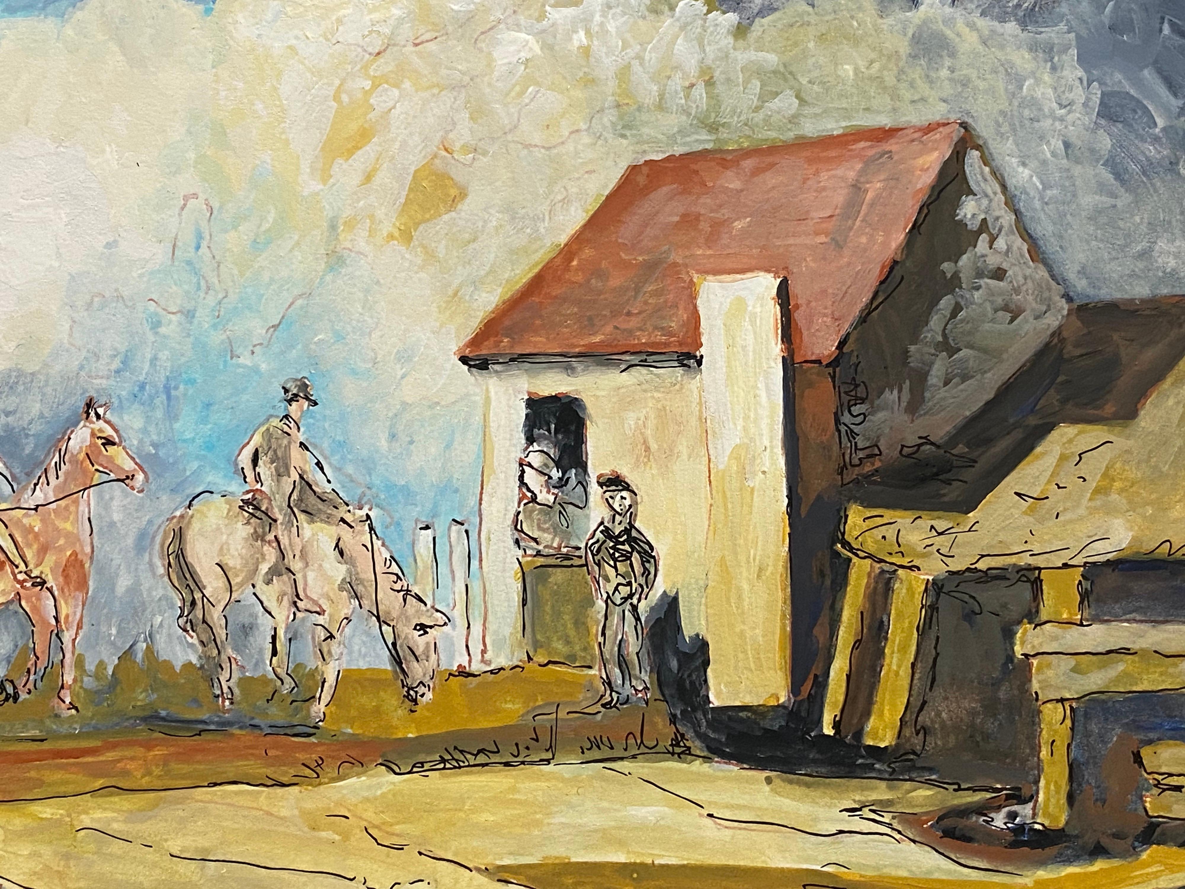 Moderne Peinture moderniste française des années 1950 signée, figures à cheval à cheval dans un village en vente