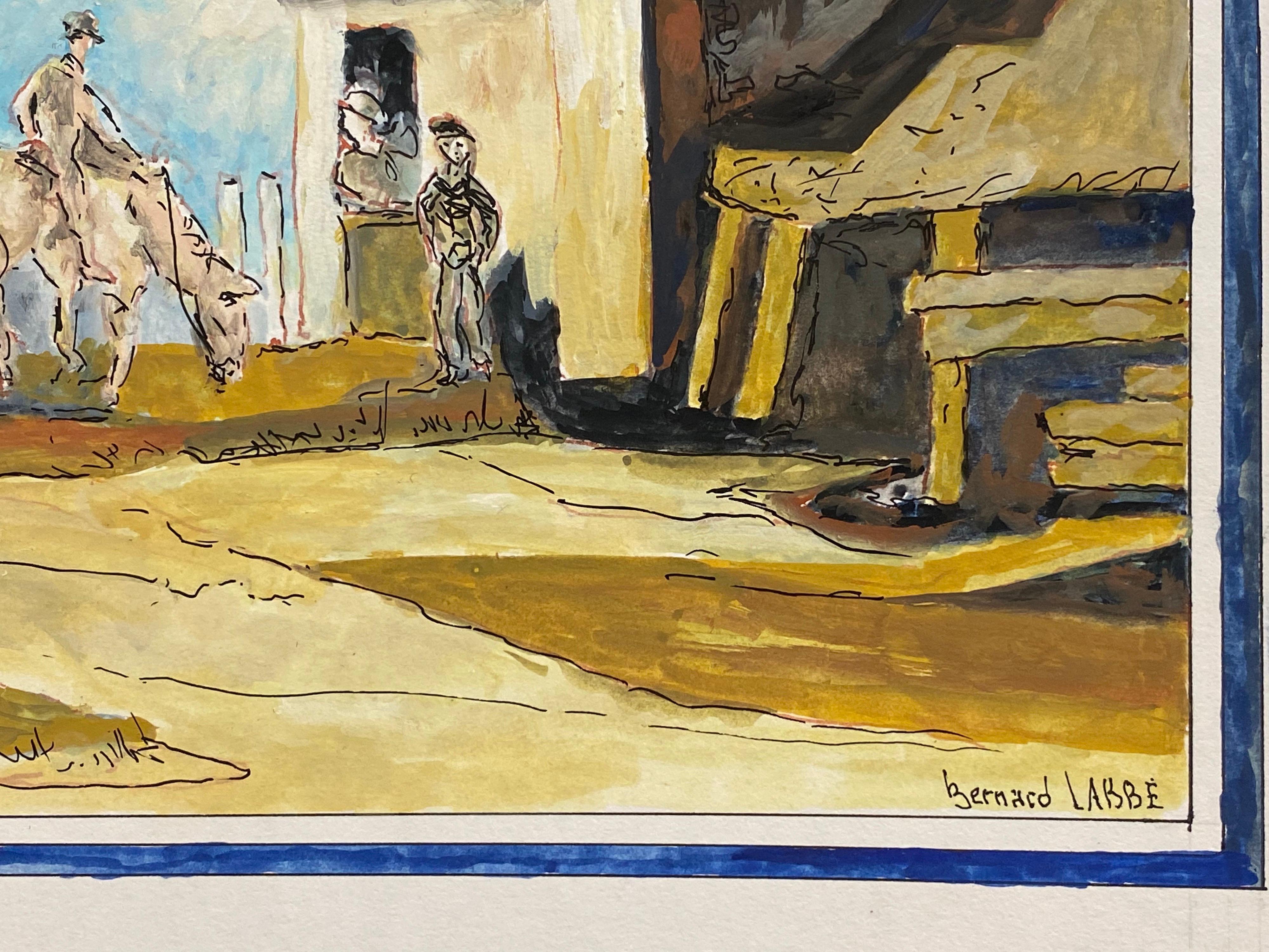 Peinture moderniste française des années 1950 signée, figures à cheval à cheval dans un village Excellent état - En vente à Cirencester, GB