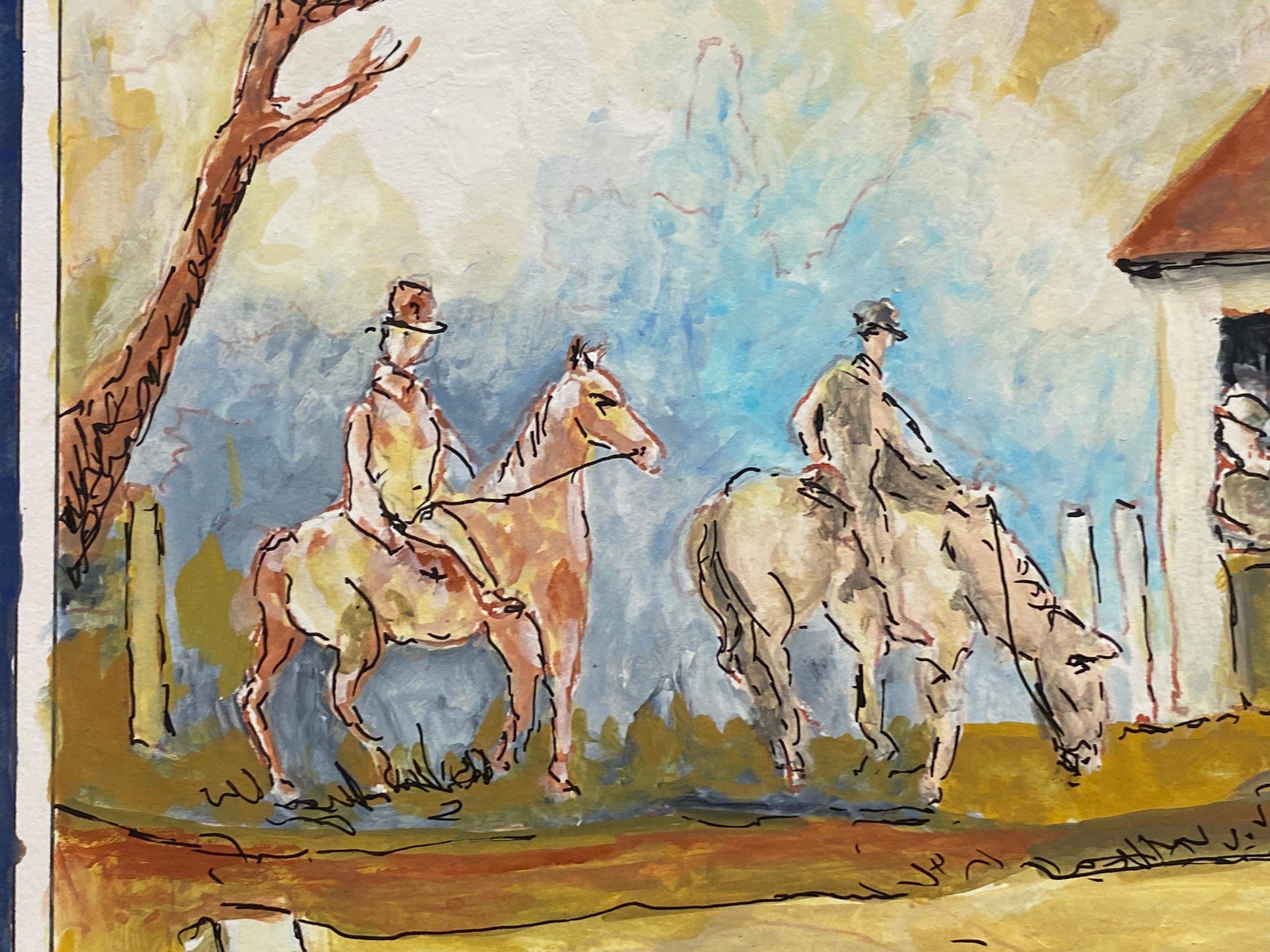 Other 1950's French Modernist Painting Signed, Figures on Horseback in Village For Sale